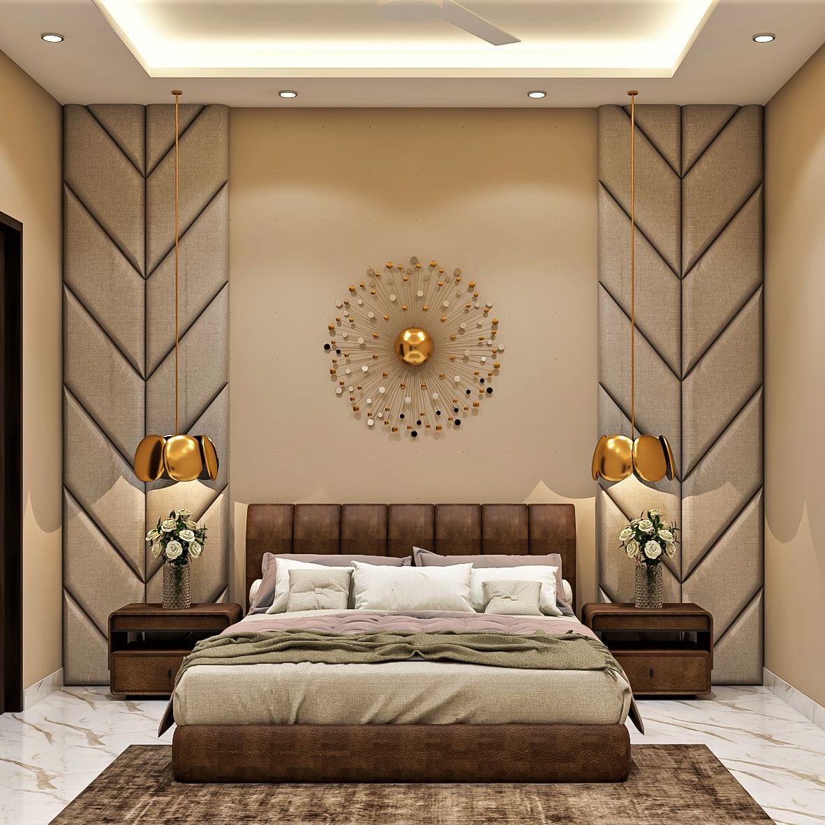 Compact Master Bedroom Design With Brown Accent Wall And Gold Decor ...