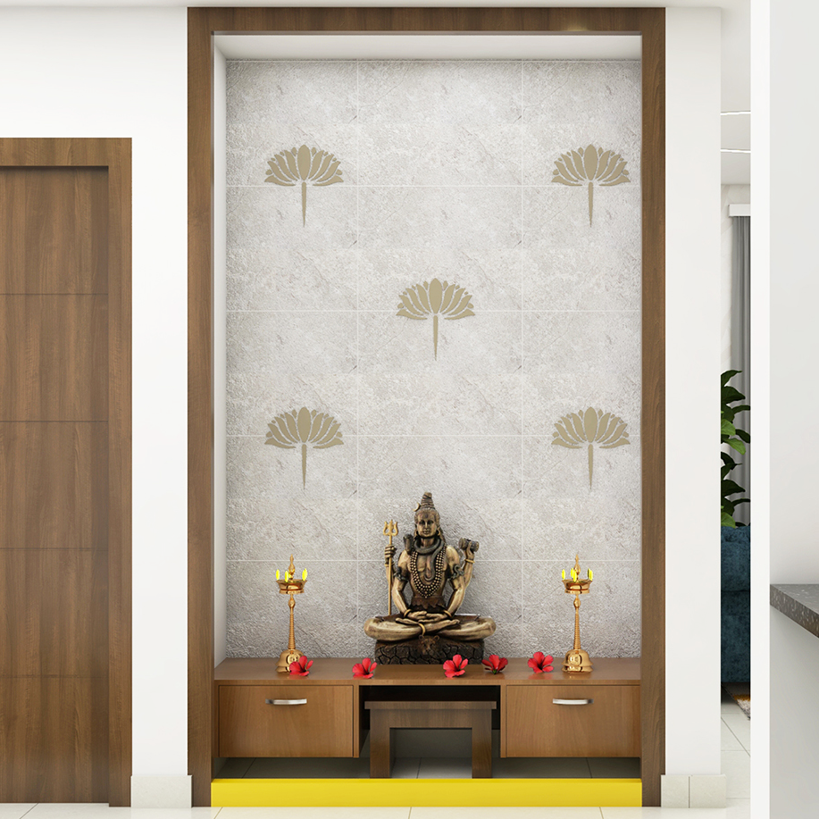 Textured Backdrop Modern Spacious Pooja Room Design with Storage Livspace