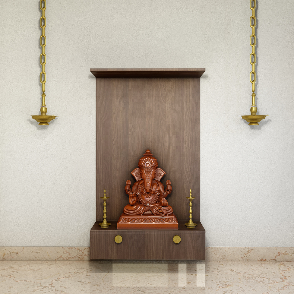 Dark Brown Wooden Contemporary Spacious Pooja Area Design | Livspace