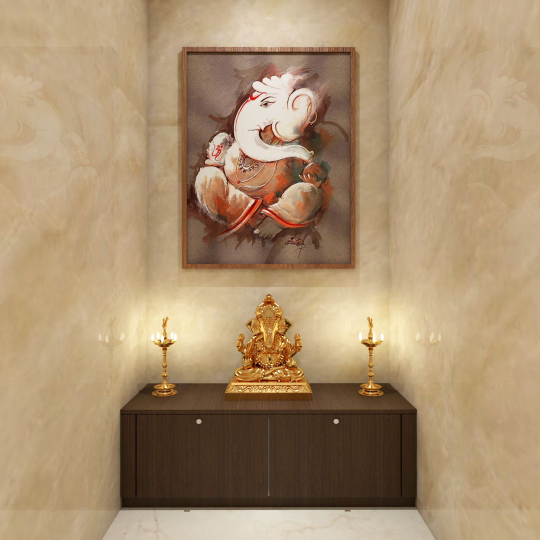 Ganesha Frame Modern Compact Pooja Room Design with Storage