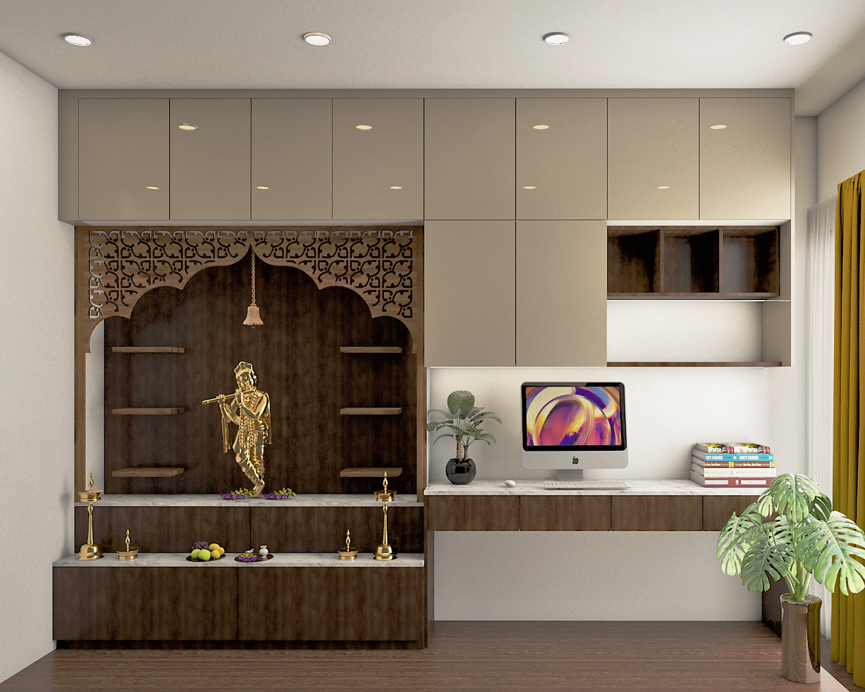 Wooden Modern Spacious Pooja Room Design with Study and Storage