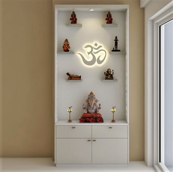 Backlighting Modern Compact Pooja Room Design with Storage