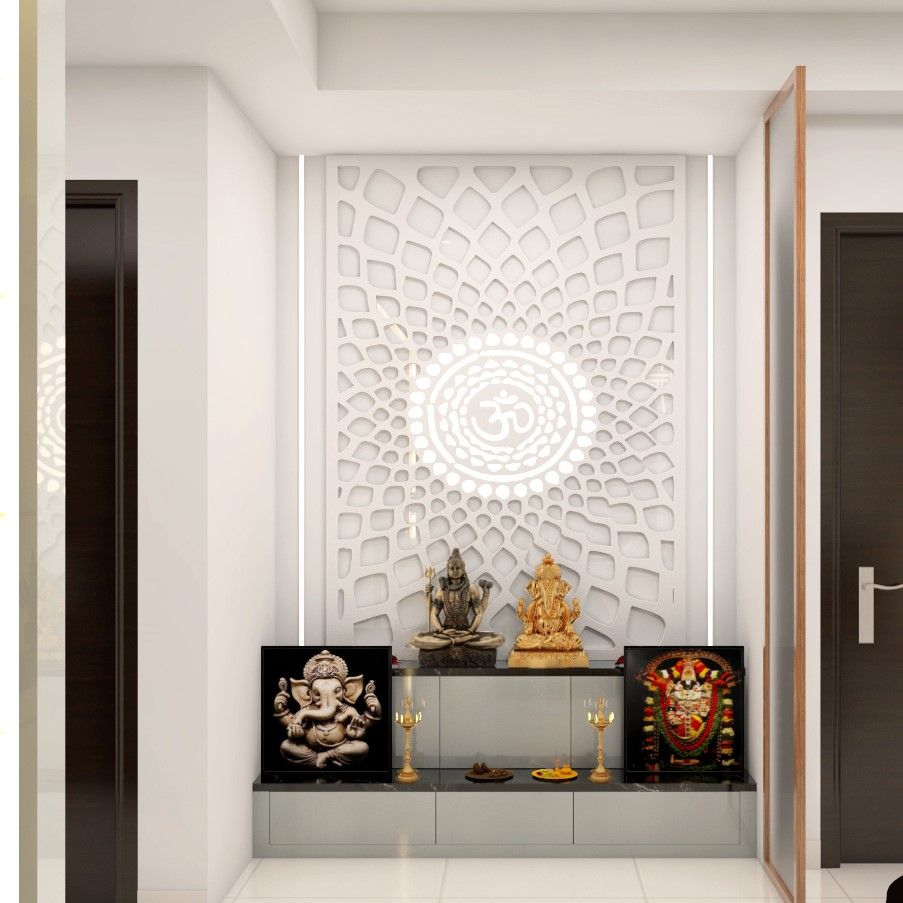 White and Grey Elegant Pooja Design with Stepped Platform | Livspace
