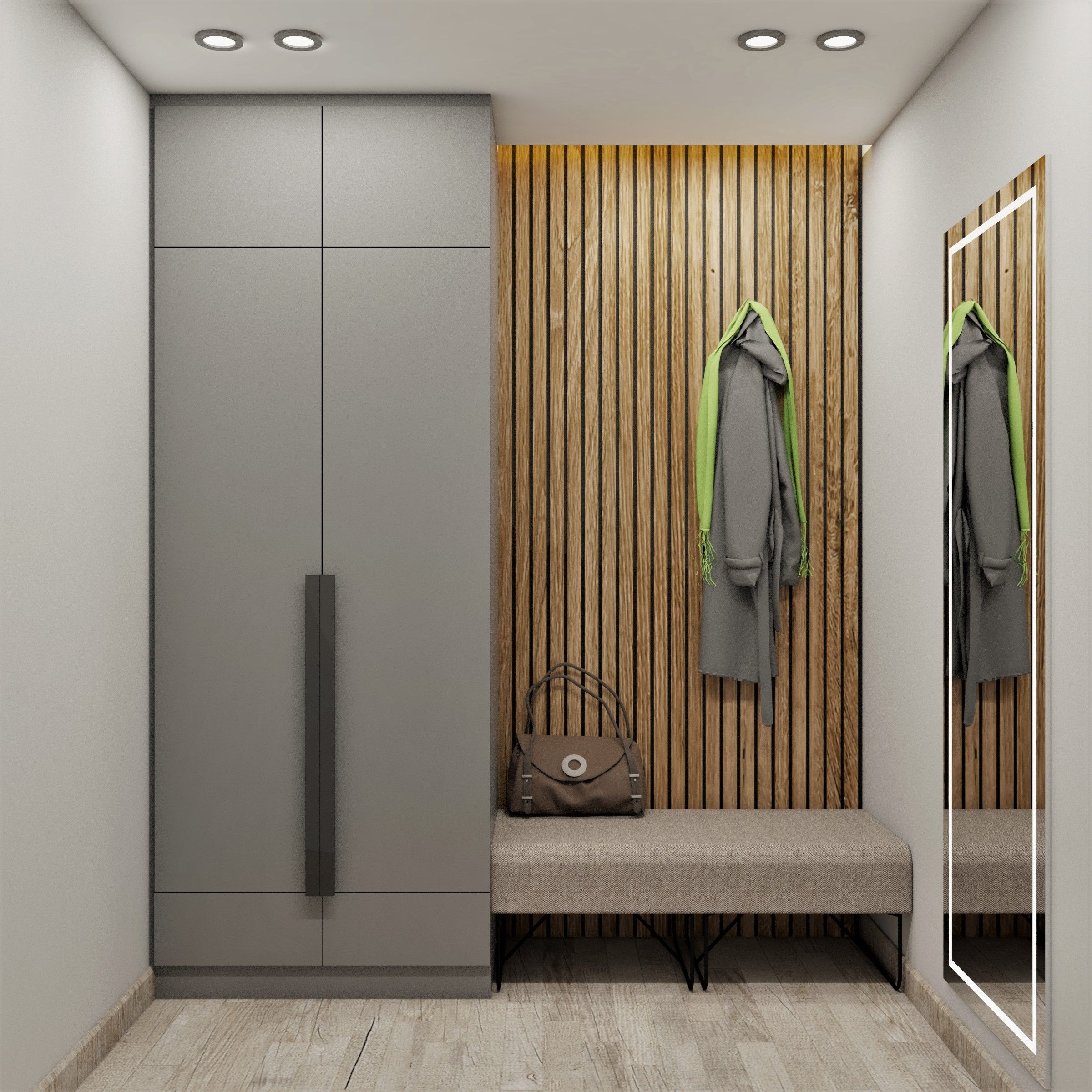 Wooden Panel Grey Hinged Modern Wardrobe Design Idea