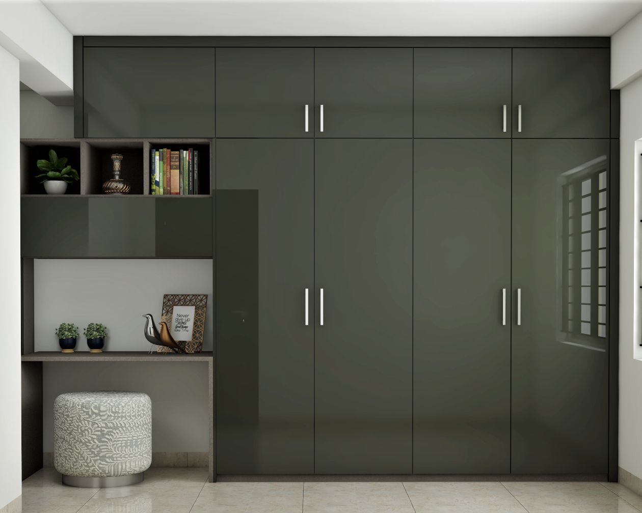 Single Toned Hinged Modern Wardrobe Design with Loft and Study
