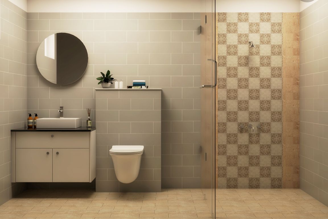 Transition Bathroom Design With Beige And Grey Tiles