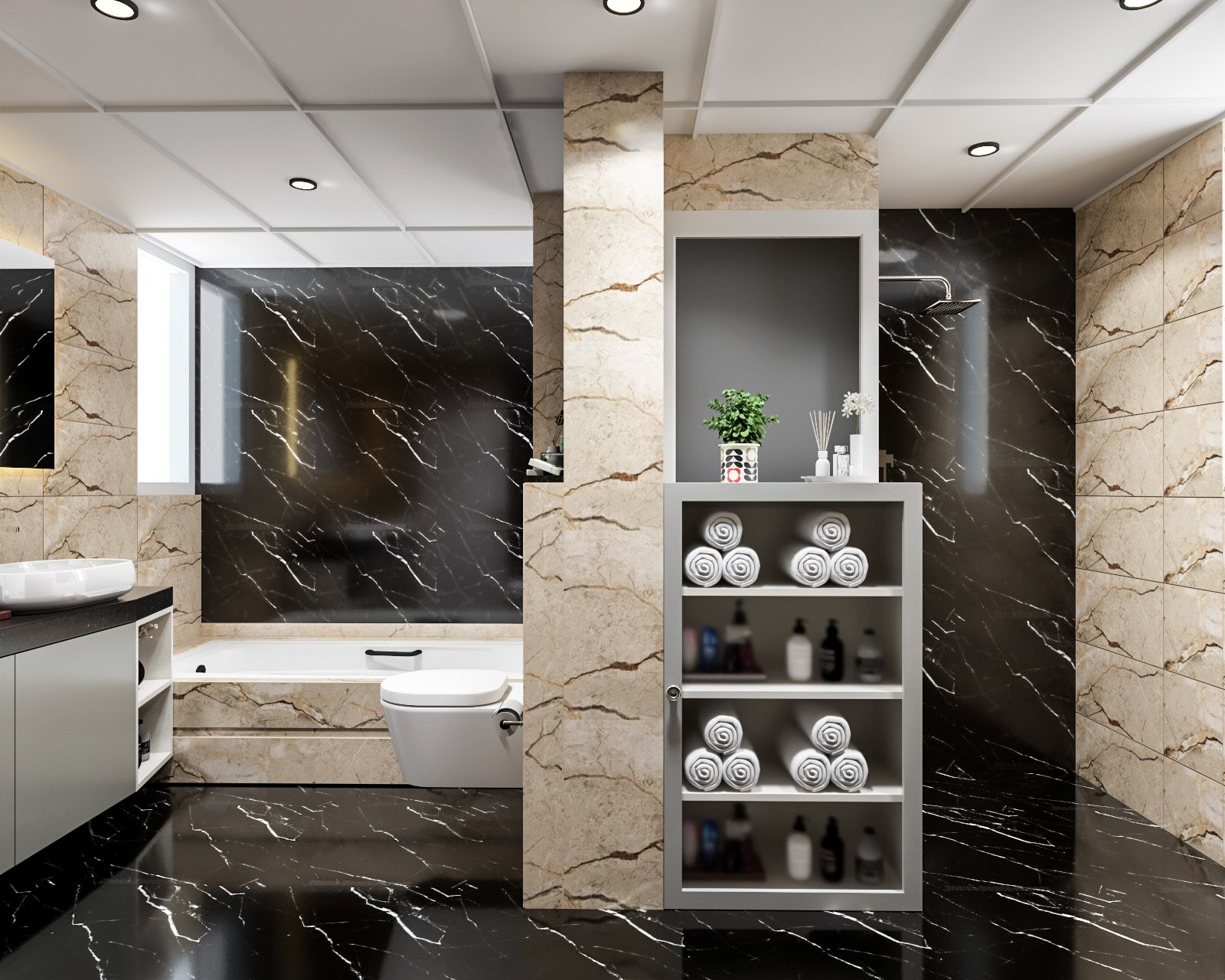 Contemporary Bathroom Design With Bright Ceiling Lights