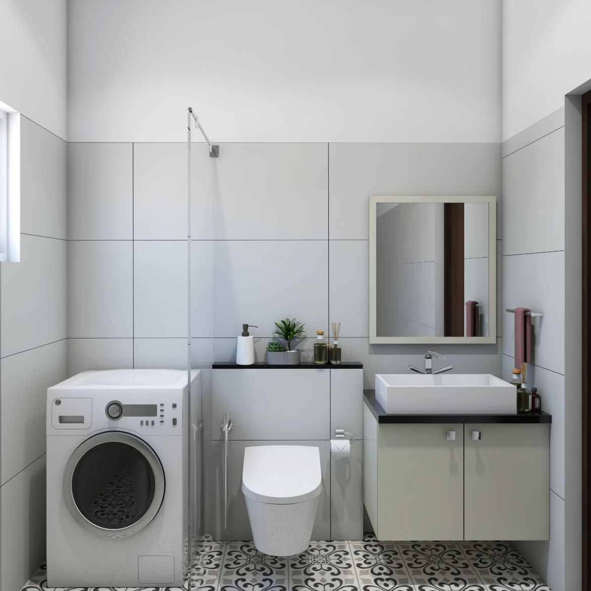 Small Bathroom Idea With Grey Wall Tiles