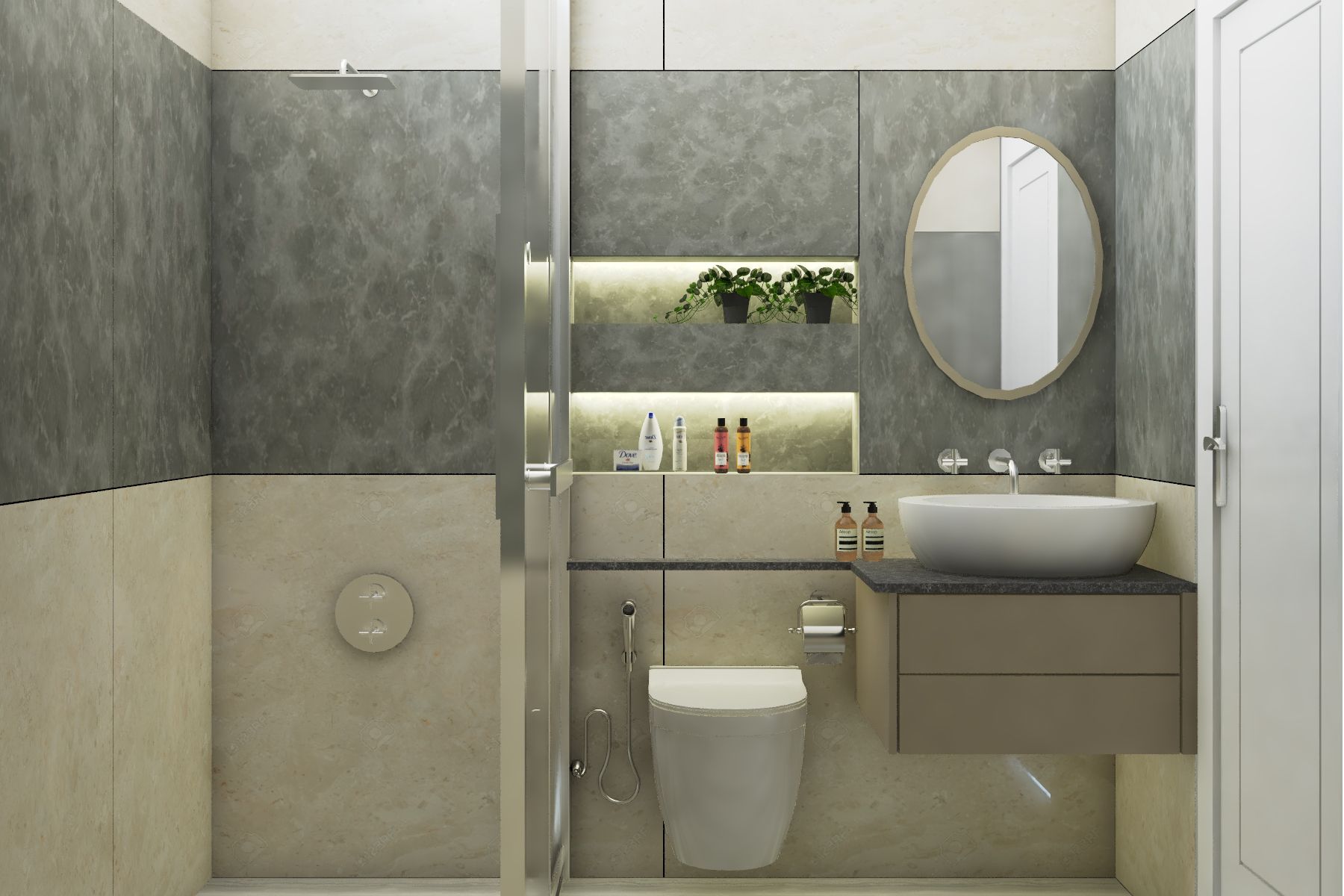Contemporary Bathroom Design With An Oval-Shaped Mirror