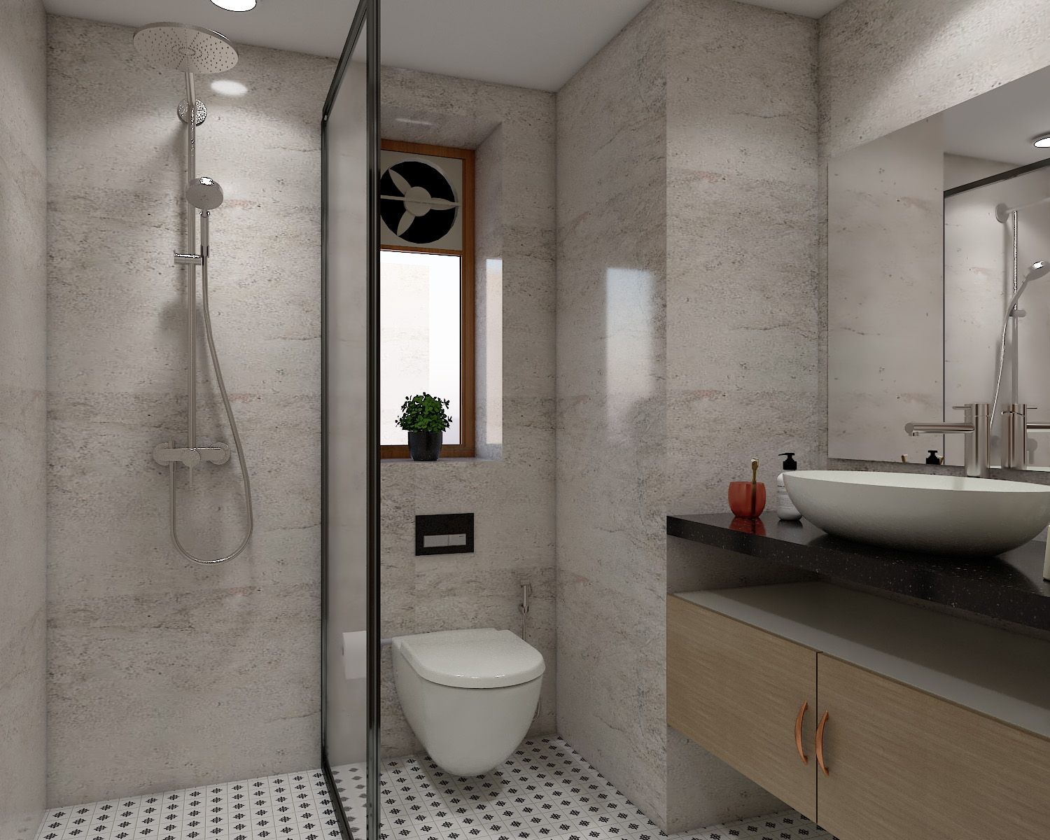 Small Bathroom Idea With Light Grey Wall Tiles