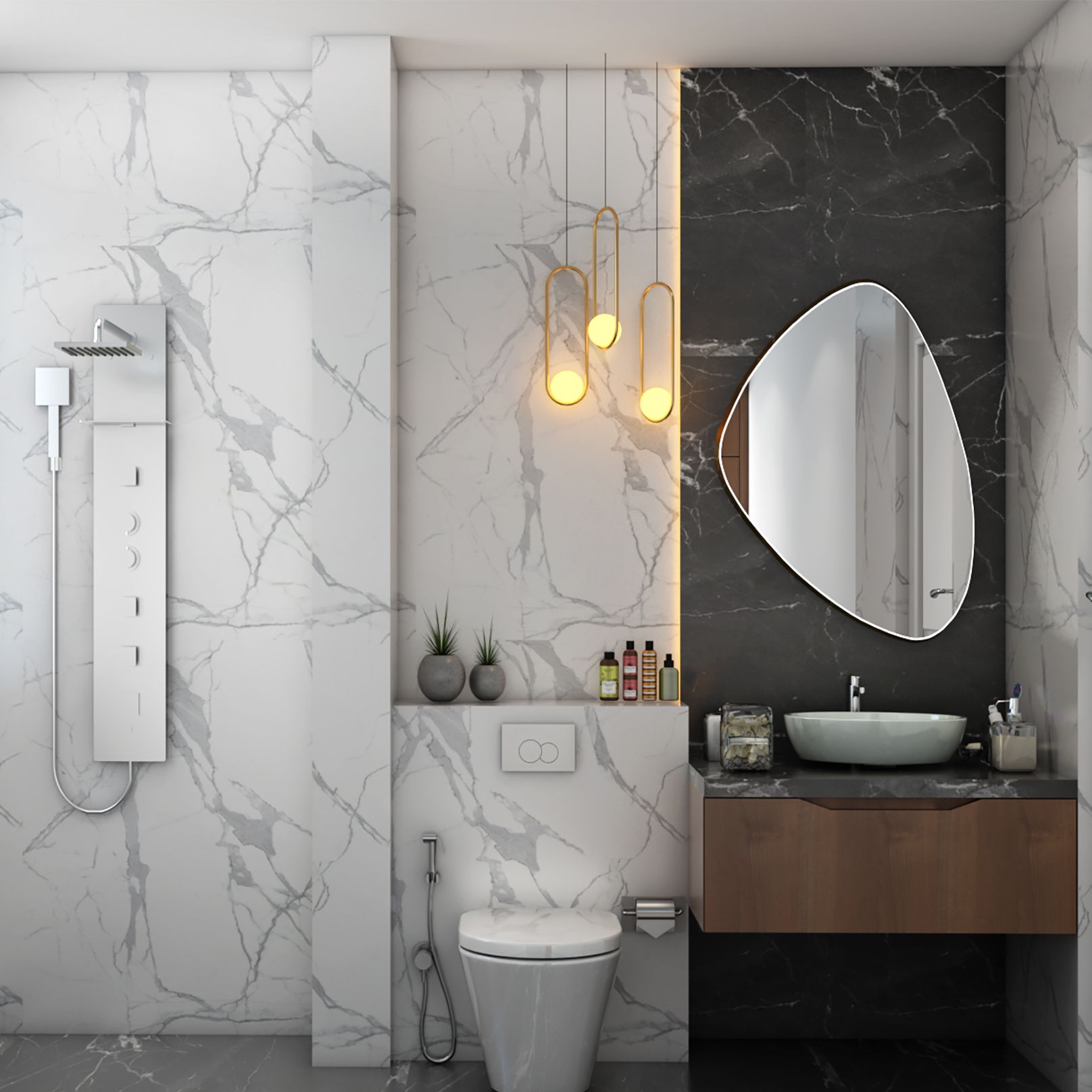 Small Bathroom Idea With A Designer Mirror And LED Lighting
