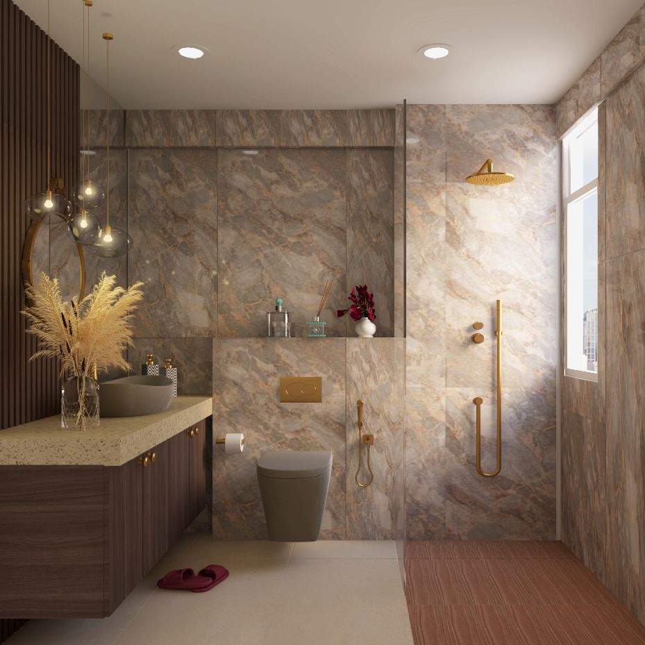 Classic Bathroom Design With Brown Tiles And Closed Storage