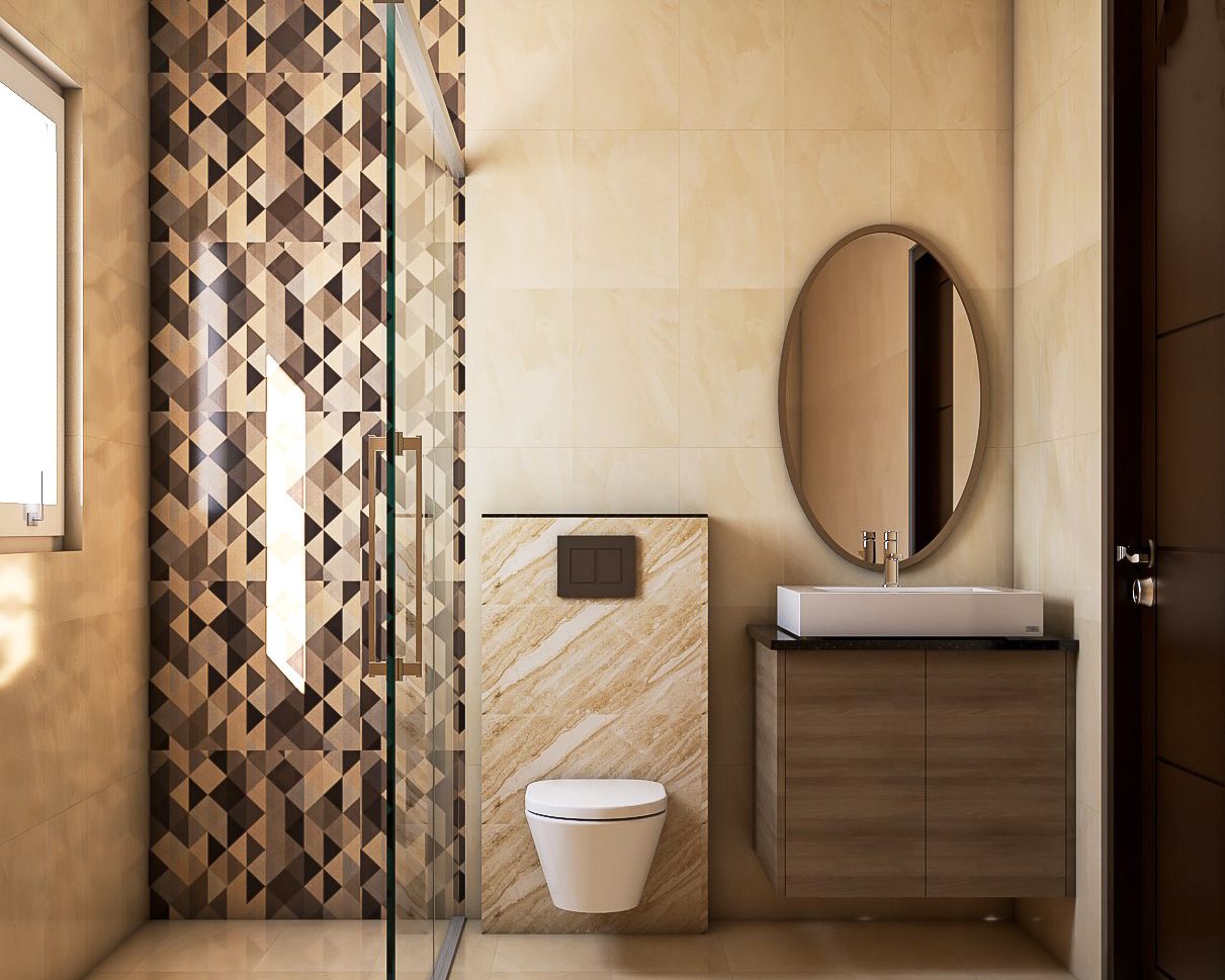 Small Bathroom Idea With Cream And Brown Tiles