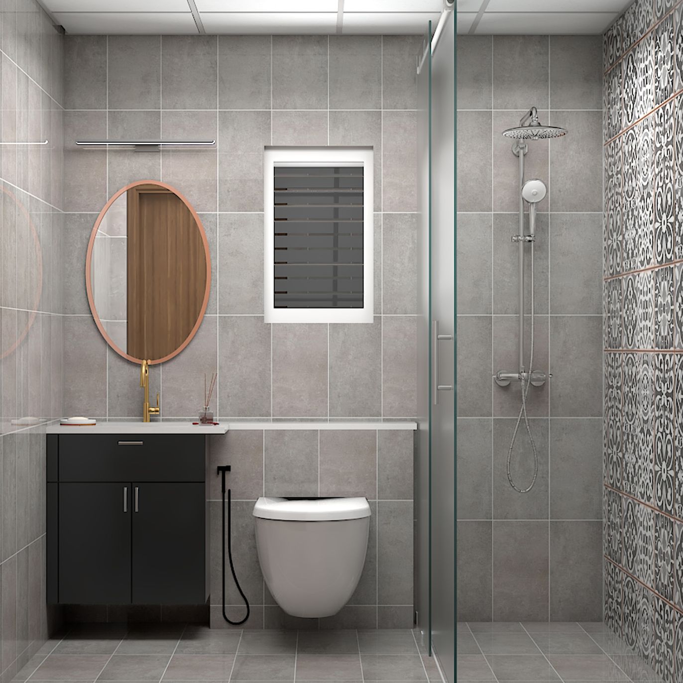 Rustic Bathroom Design With Grey Tiles | Livspace