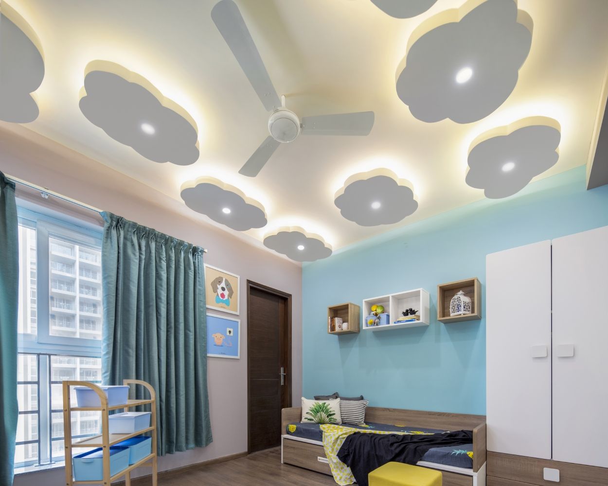 Multilayered Modern False Ceiling Design With Cloud-Shaped Lighting