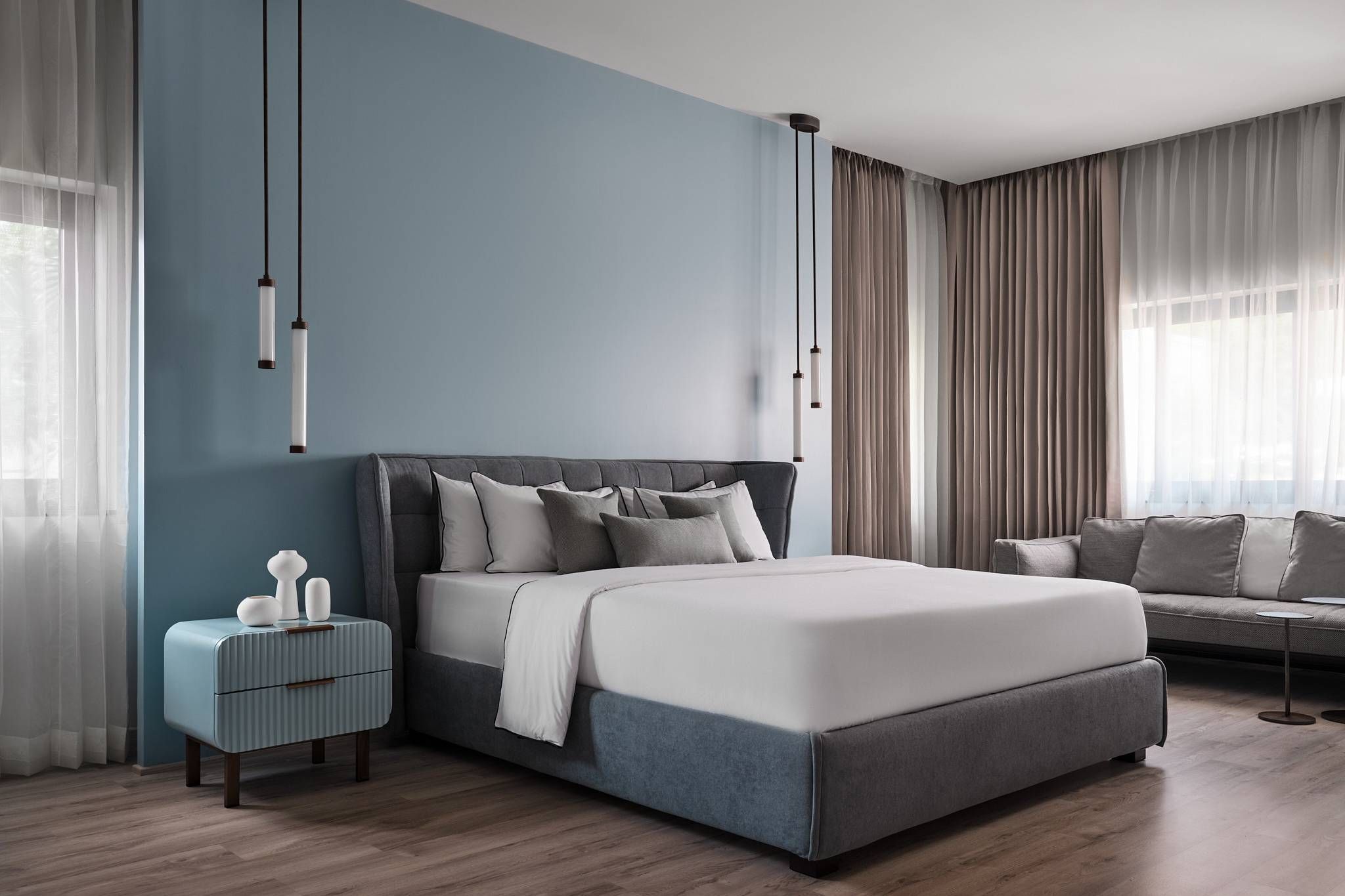 Spacious Guest Bedroom Design With Drop Lights | Livspace