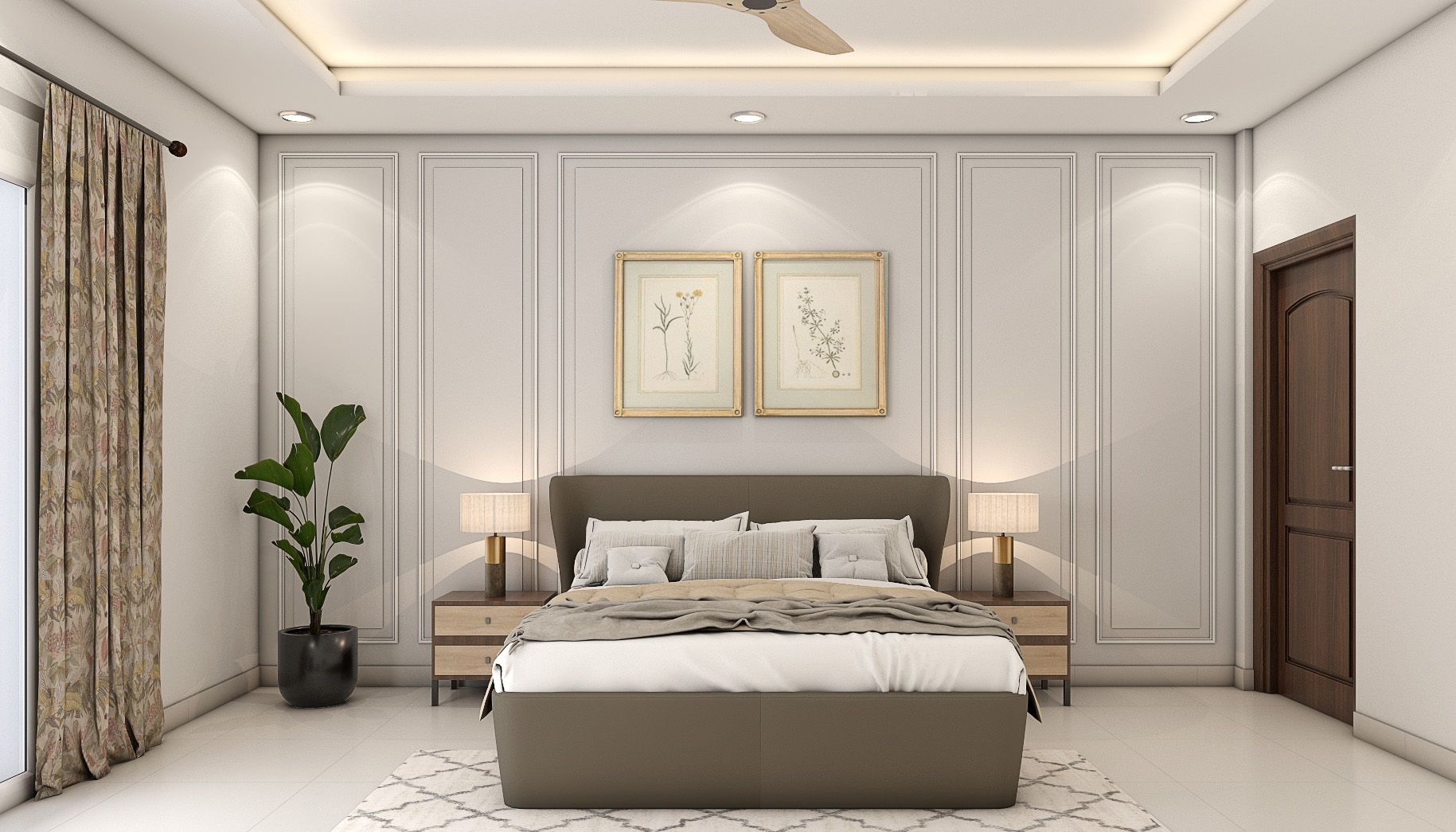Spacious Light Grey Guest Room Design With Queen Bed Livspace