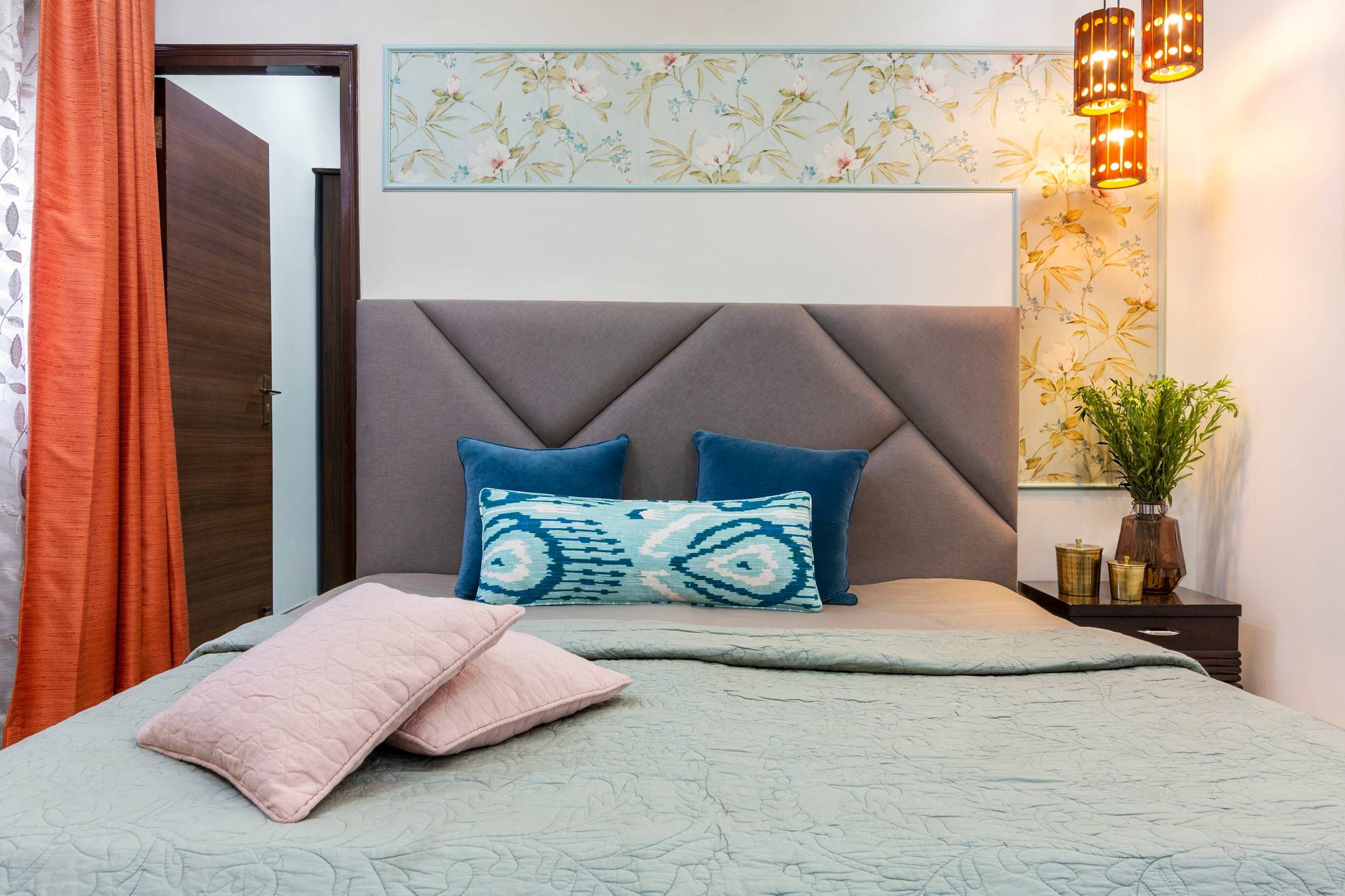 Modern Guest Room Design With Grey Tufted Headboard
