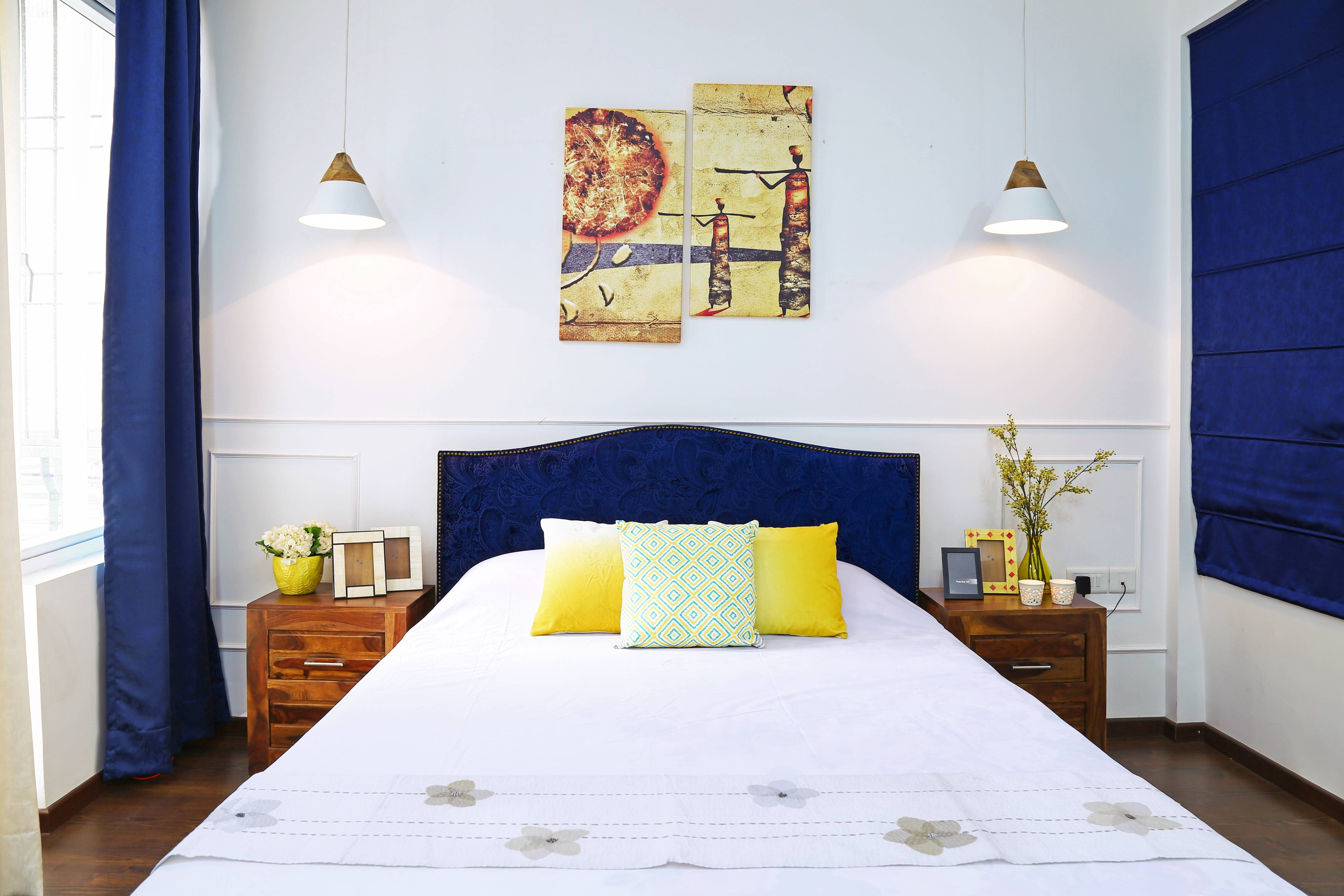 Modern Guest Room Design With Electric Blue Headboard