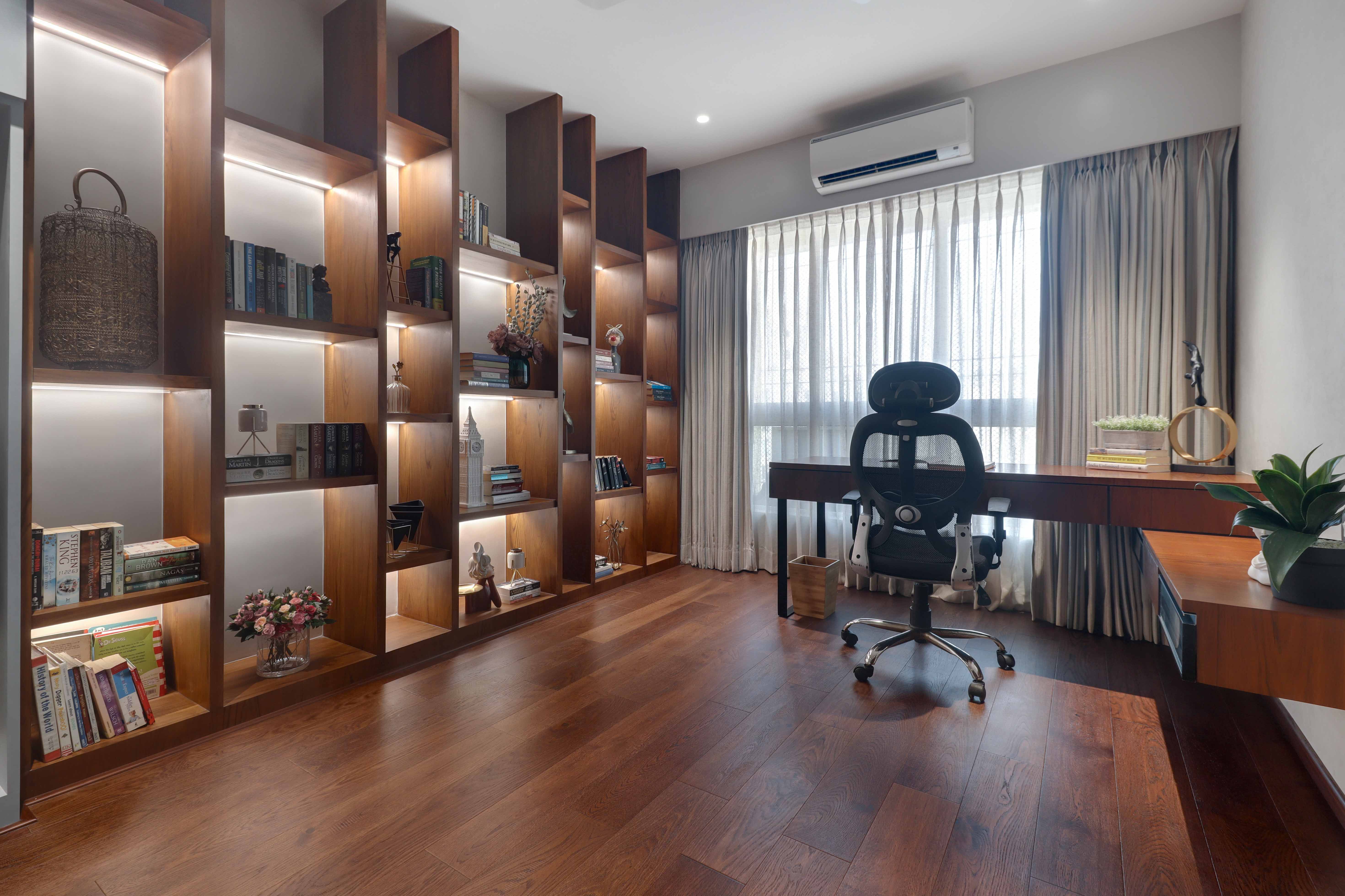 Modern Home Office Design With A Wide L-Shaped Study Table