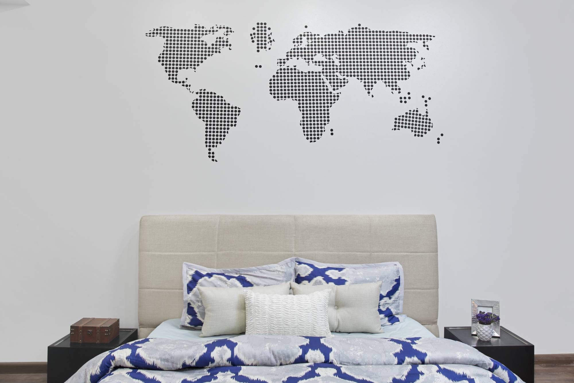 Modern White Kid's Bedroom Design With World Map Wall Decor