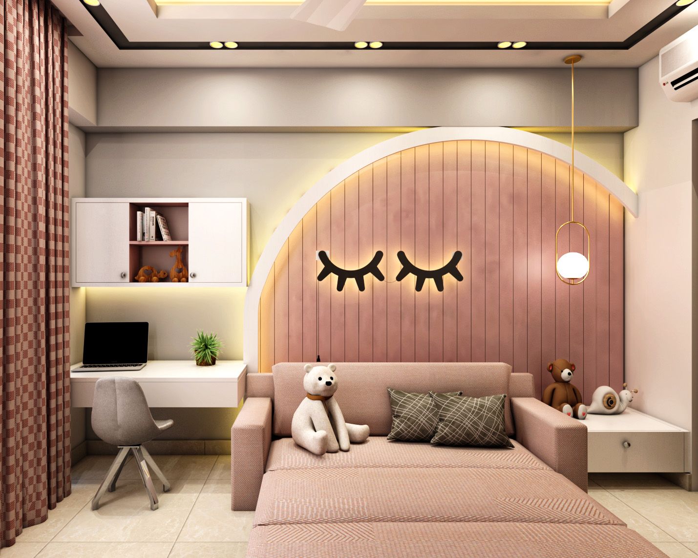 Modern Kids Room Design With A Pink Sofa-Cum-Bed