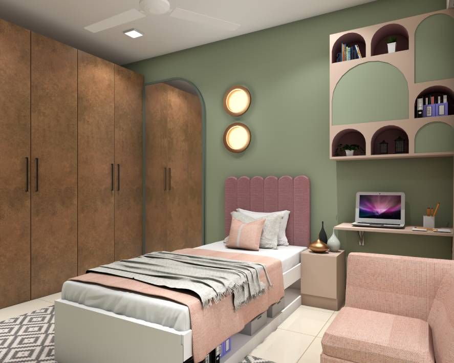Modern Kids Room Design With Swing Wardrobe And Wall Shelves