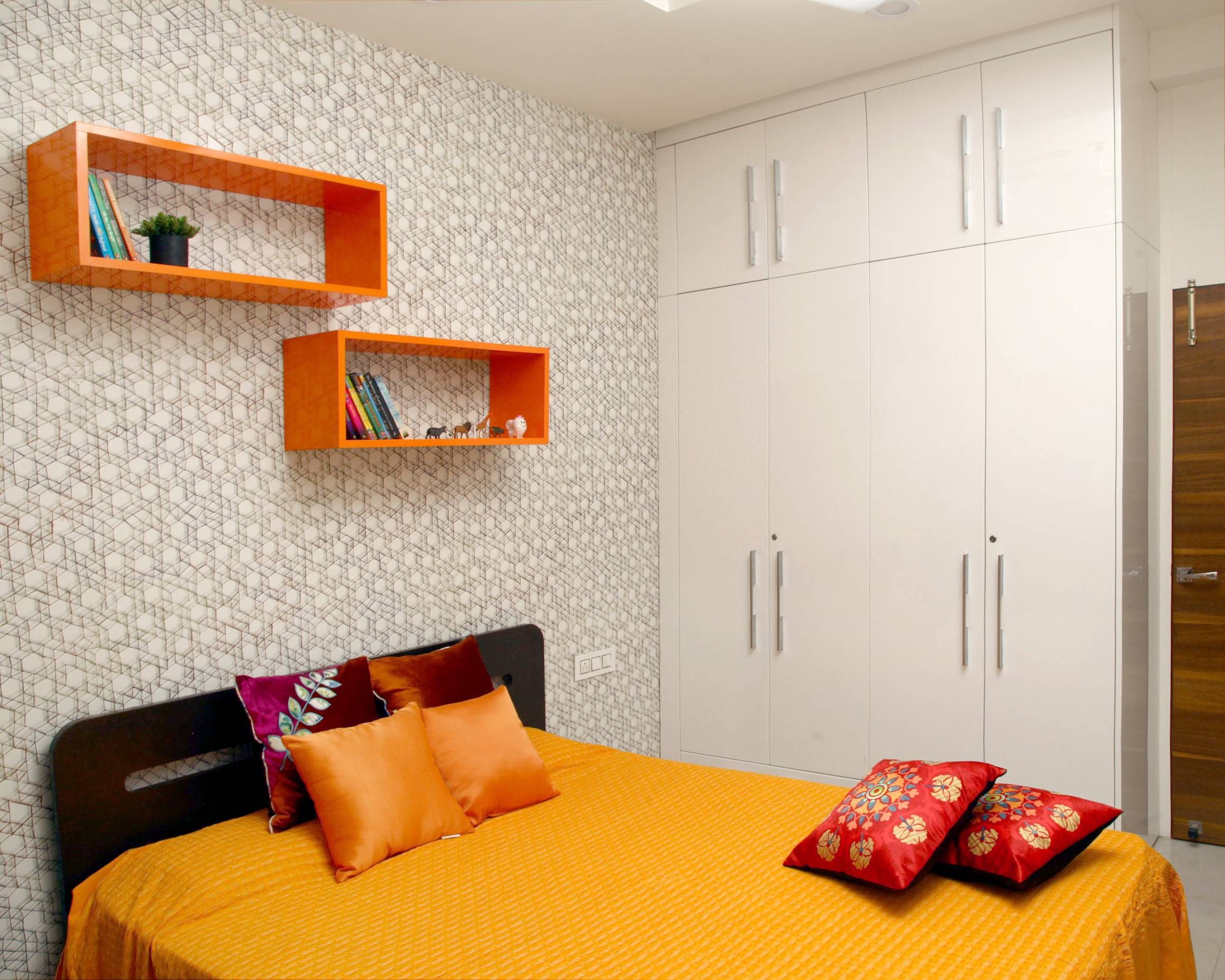 Modern Orange And Off-White Kid's Room Design With Study Table