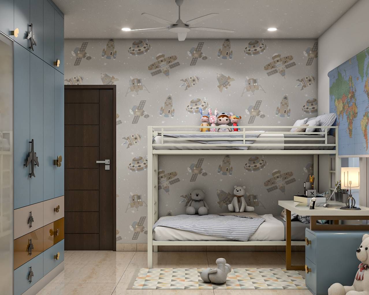 Modern Kids Room Design With A Bunk Bed And Sliding Wardrobe