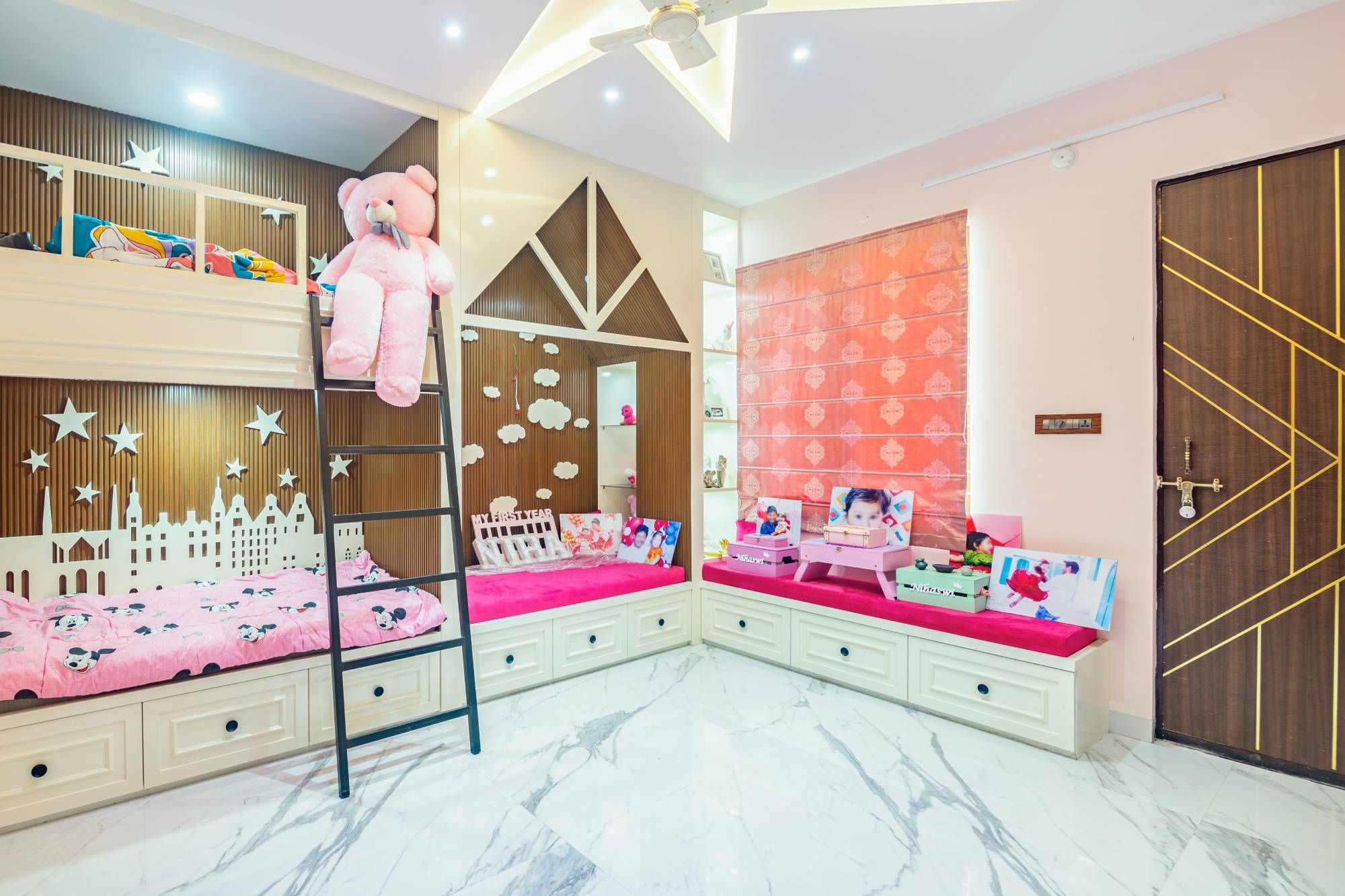 Modern Kids Bedroom Design With Marble Flooring And Wooden Fluted Wall Panelling