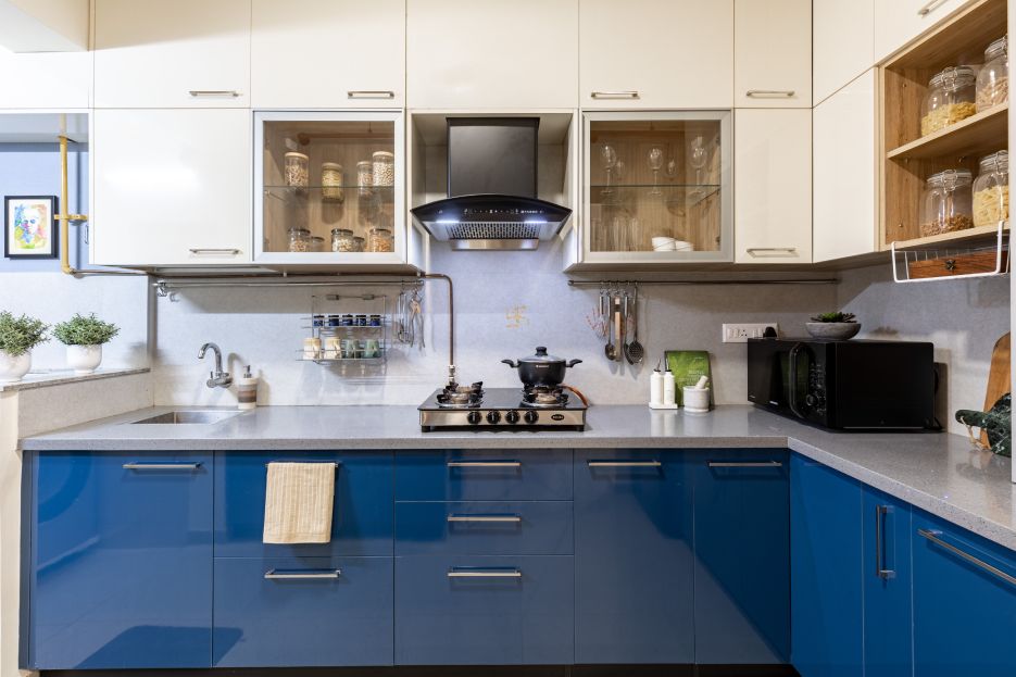 Modern L-Shaped Kitchen Design With Matte Grey Dado Tiles