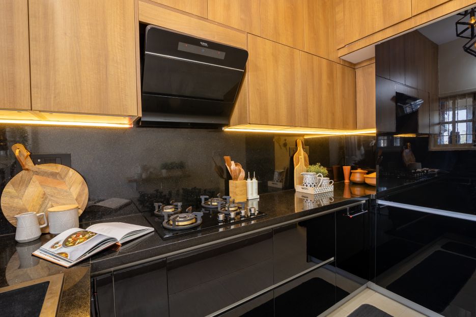 Modern Modular U-Shaped Kitchen Design With Wooden Loft Units