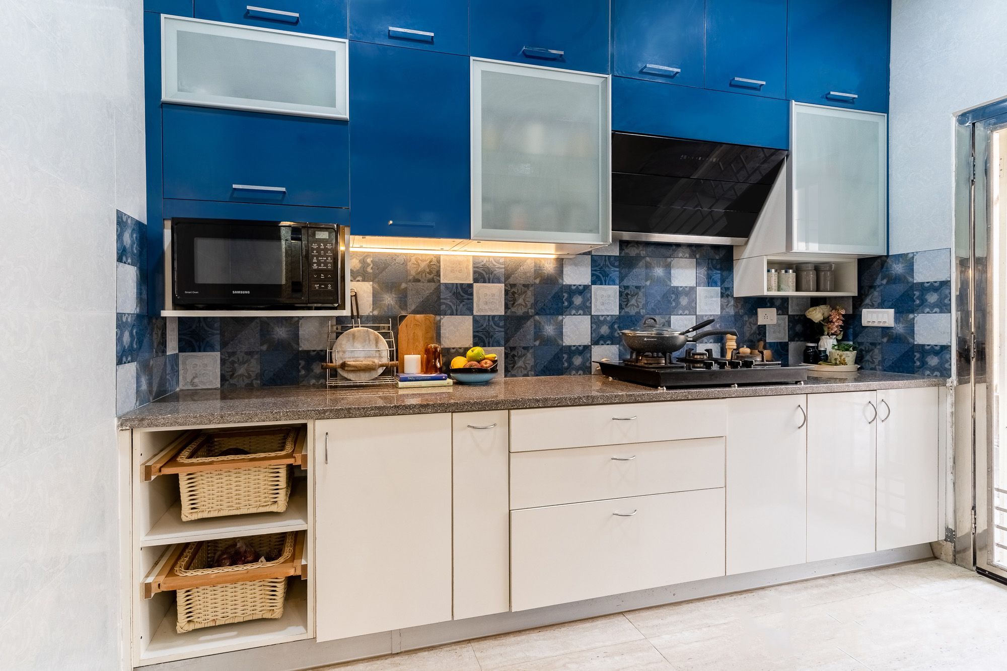 Modern Open Straight Kitchen Design With Blue Loft Units