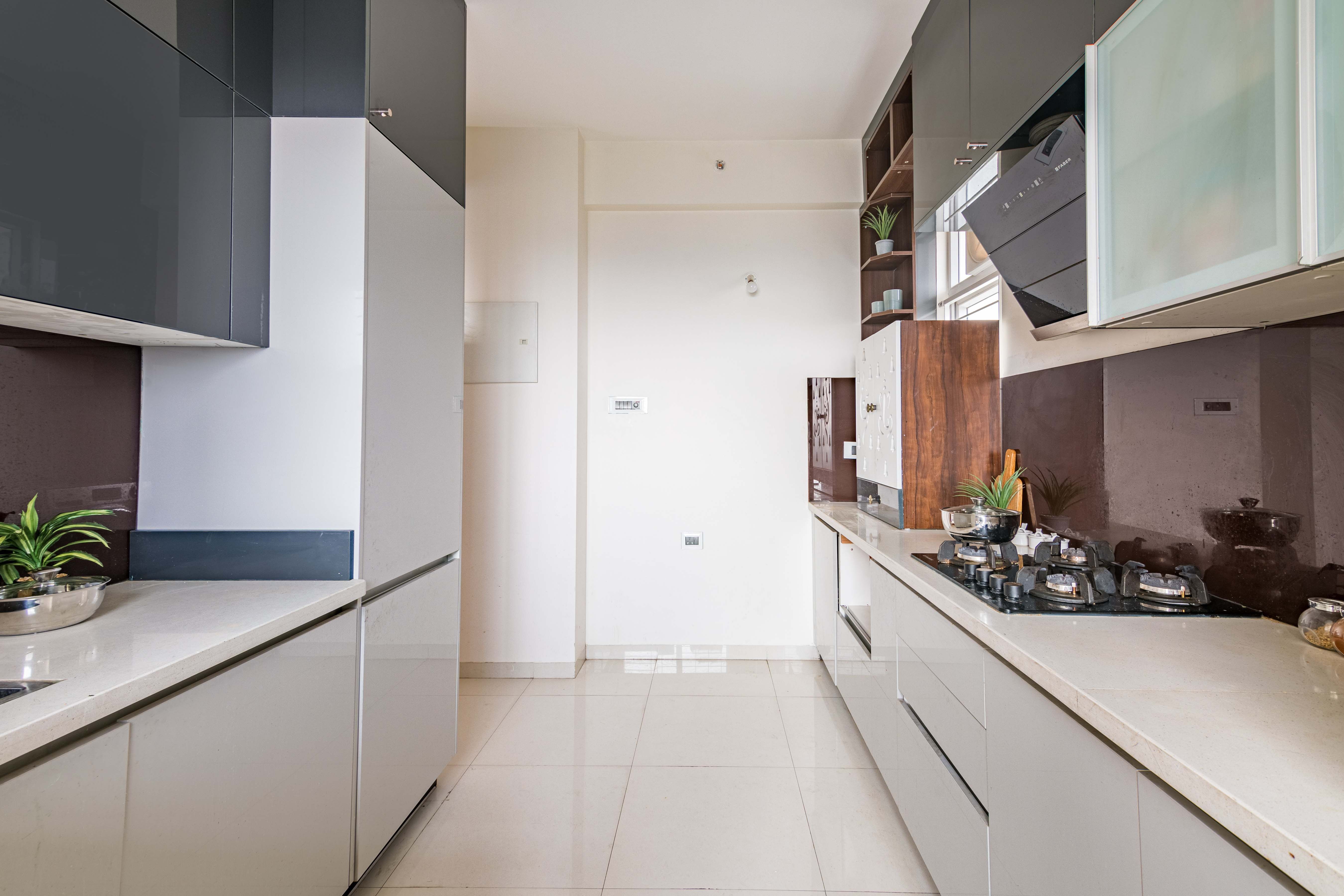 Modern Parallel Kitchen Design With Closed Storage Cabinets