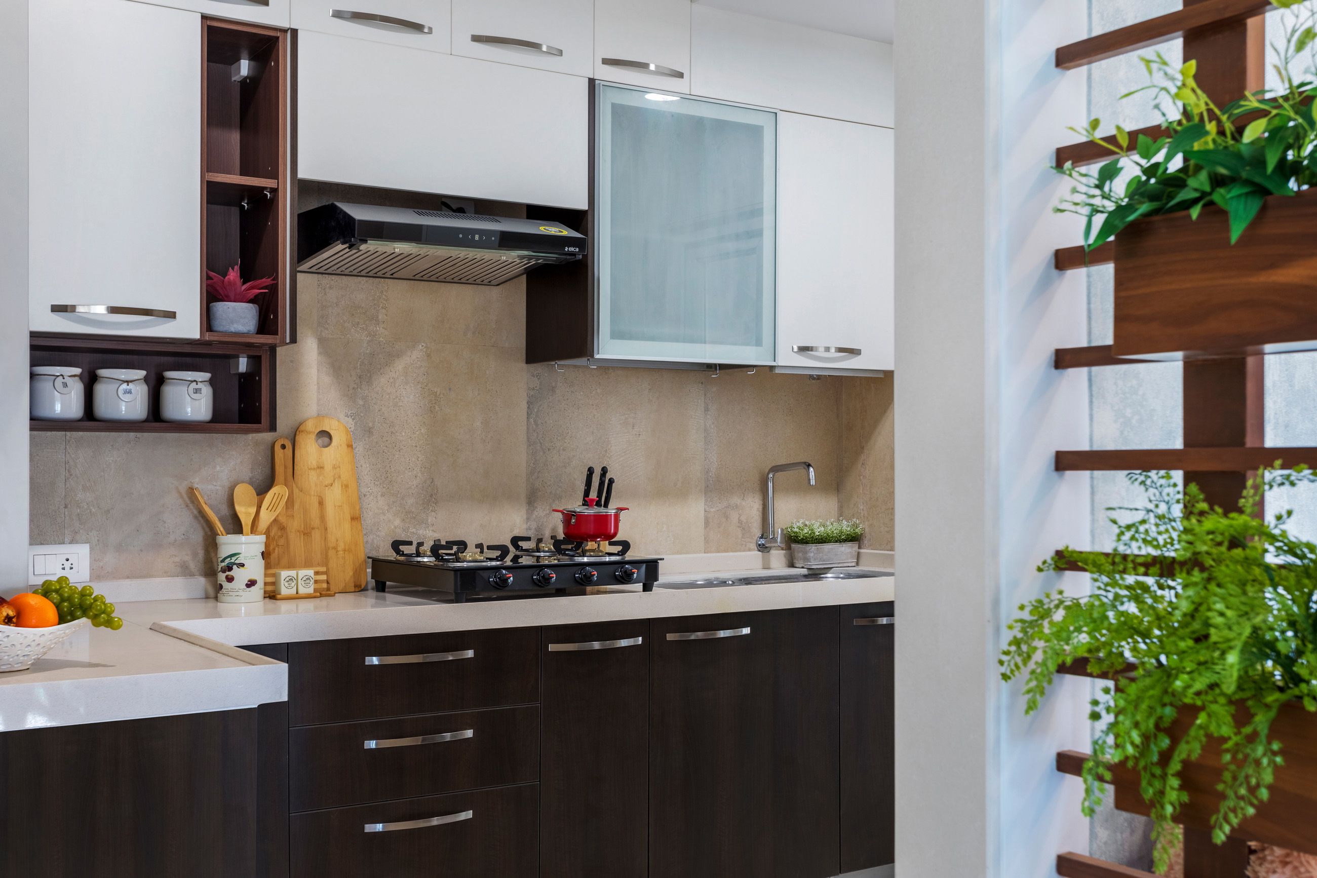 L-Shaped Modern Kitchen Design With Wooden Storage Cabinets