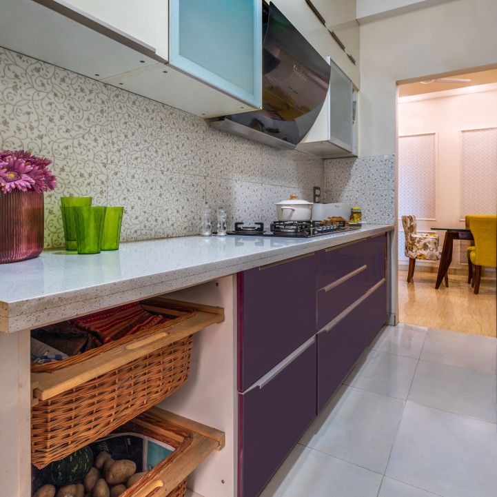 Modern Modular Parallel Kitchen Design With Floral Backsplash Tiles