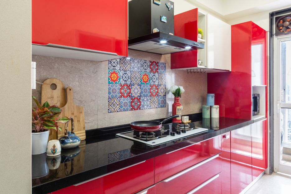 Modern Parallel Kitchen Design With Colourful Backsplash Tiles