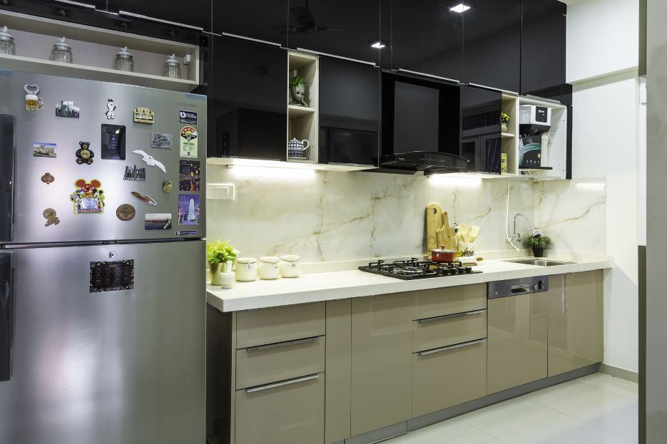 Modern Parallel Kitchen Design With Spacious Cabinets And Wall Shelves