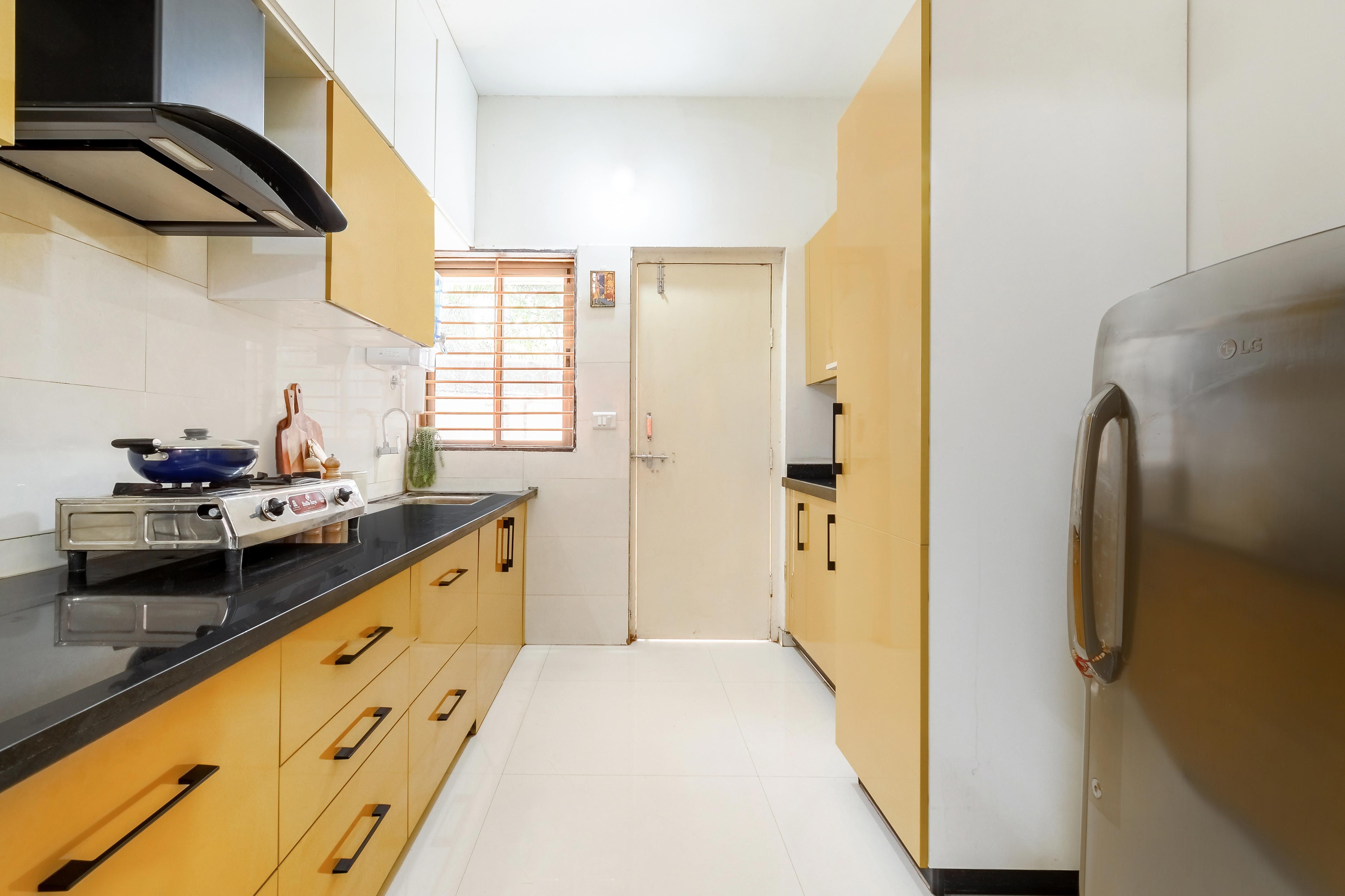 Modern Parallel Kitchen Cabinet Design With Loft Storage