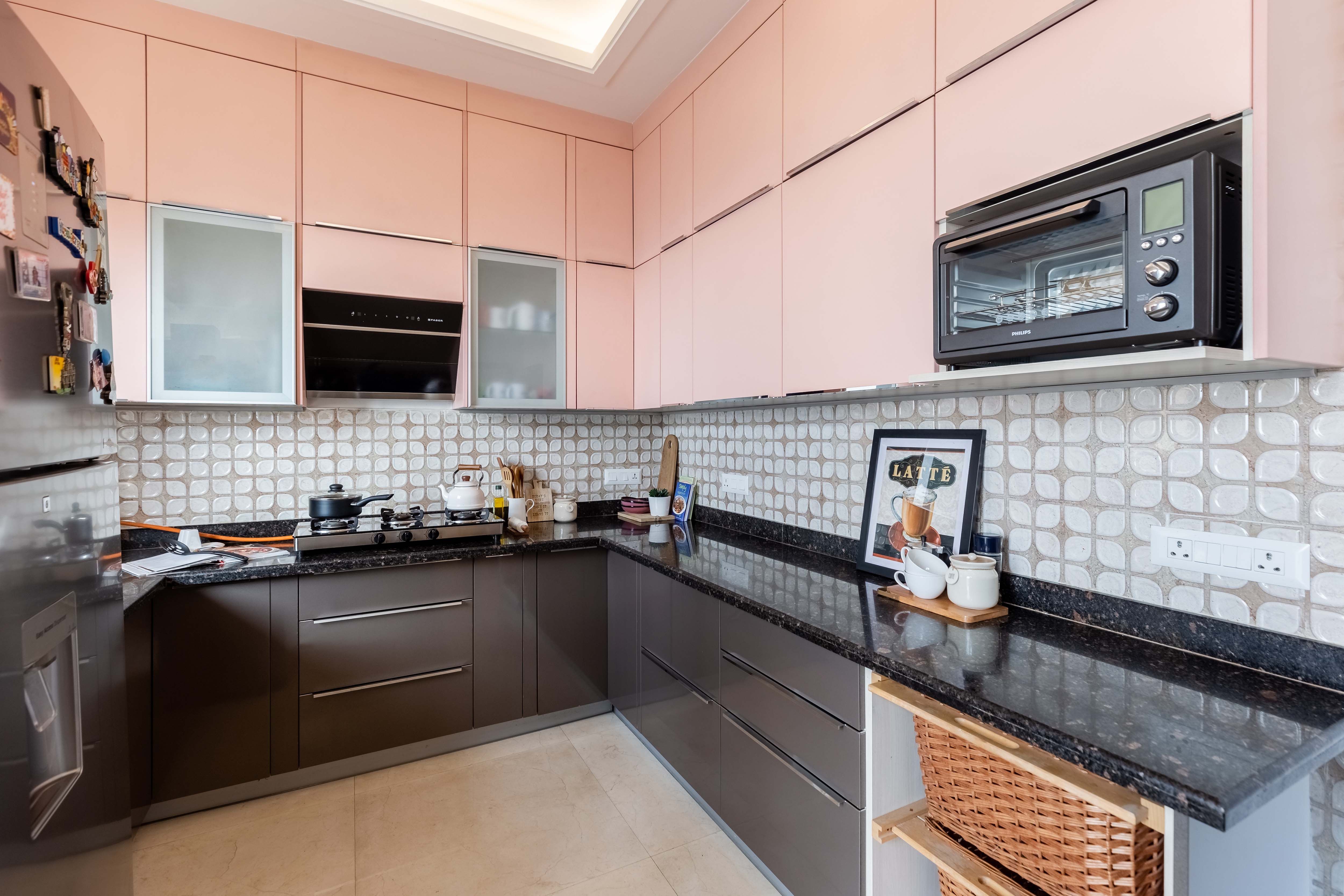 Modern U-Shaped Kitchen Design With Rose Pink Wall And Loft Units