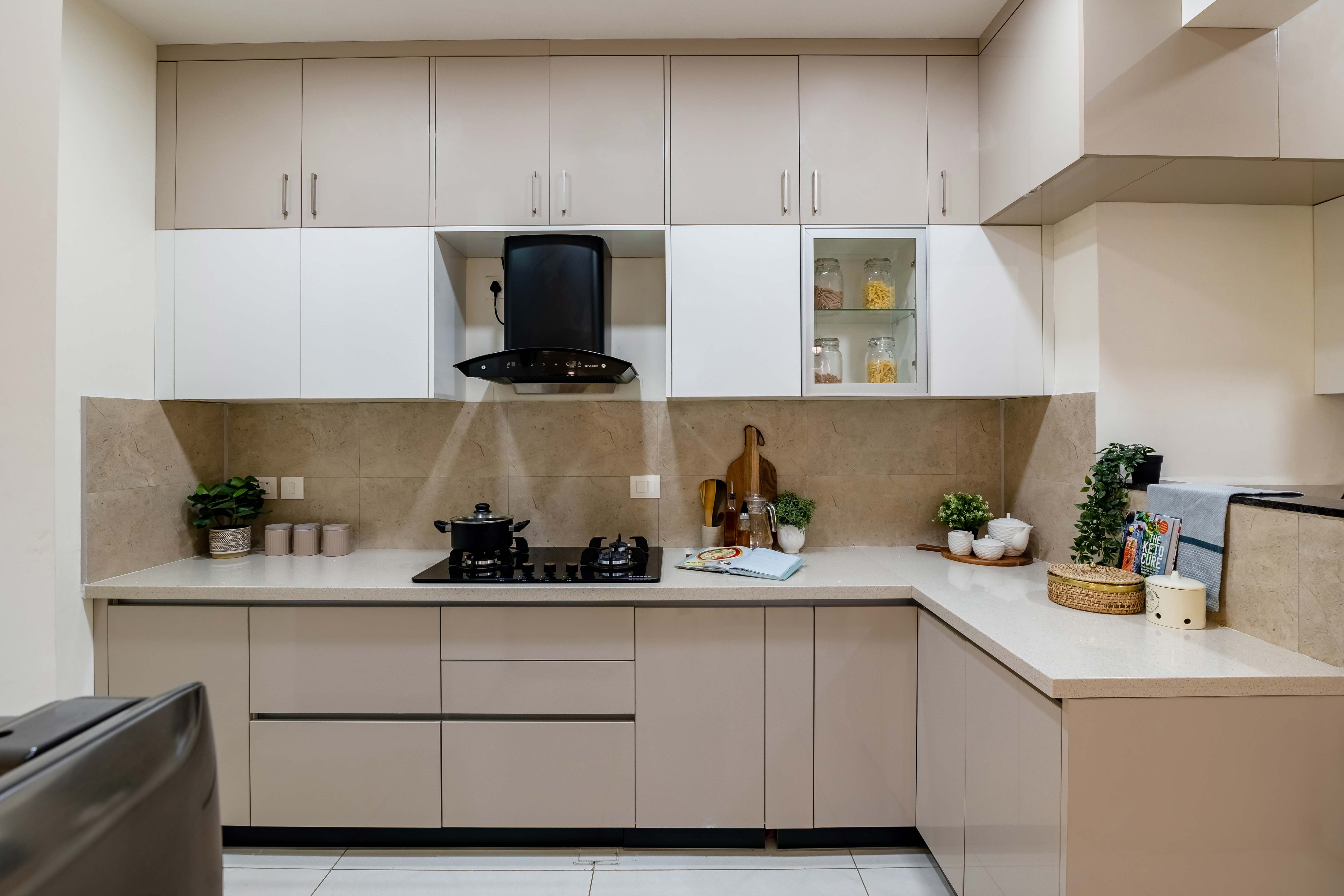 Modern Modular L-Shaped Kitchen Design With Loft Storage