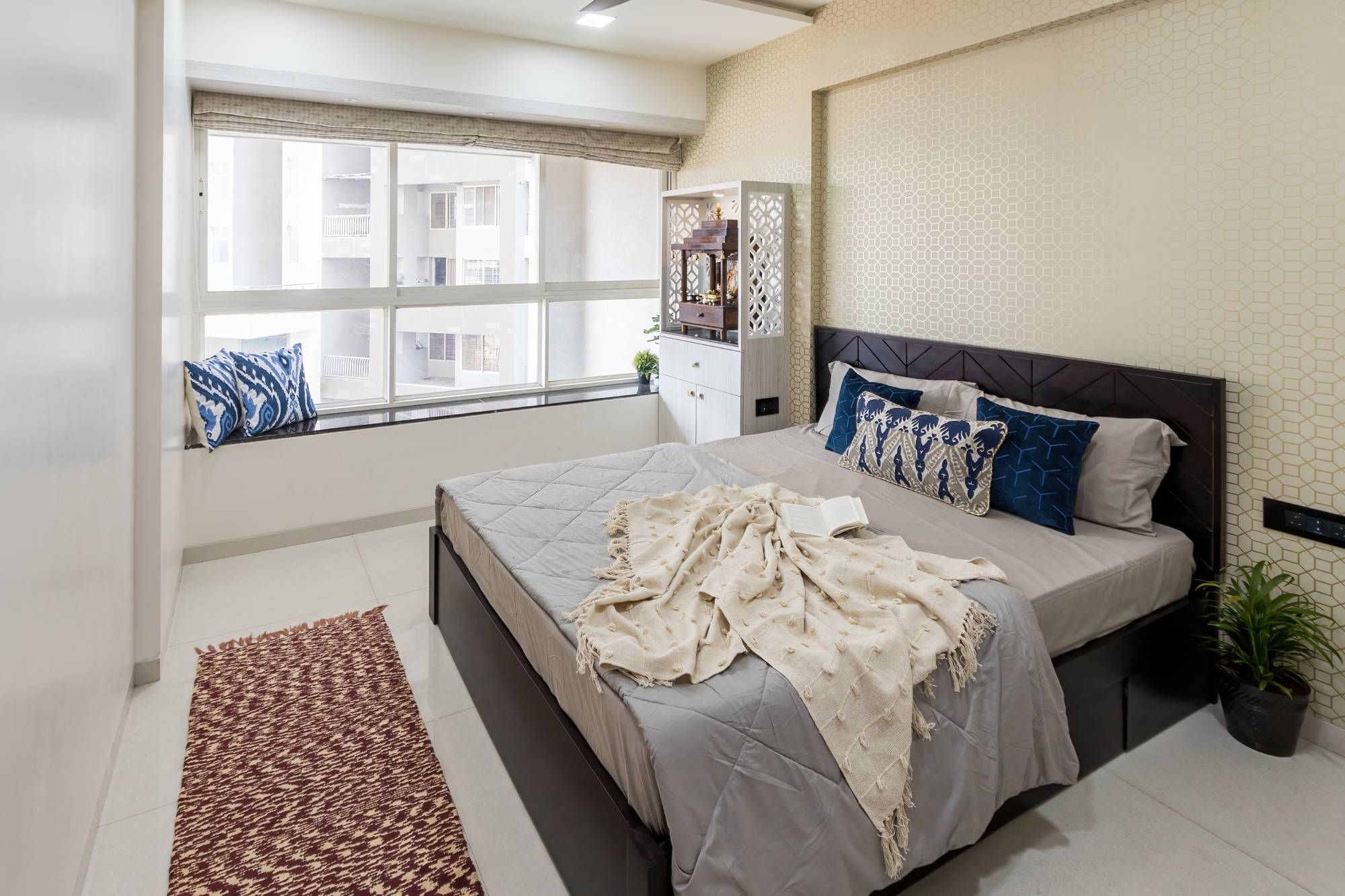 Master Bedroom Design With A Beige Patterned Wallpaper | Livspace
