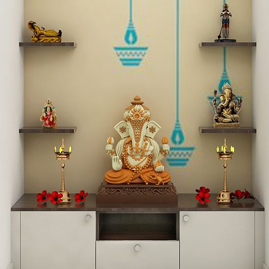 Modern Pooja Room Design With Wall Ledges For Storage
