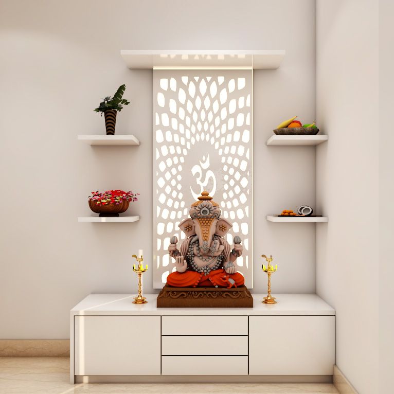 Modern White Pooja Room Design With Pullout Drawers