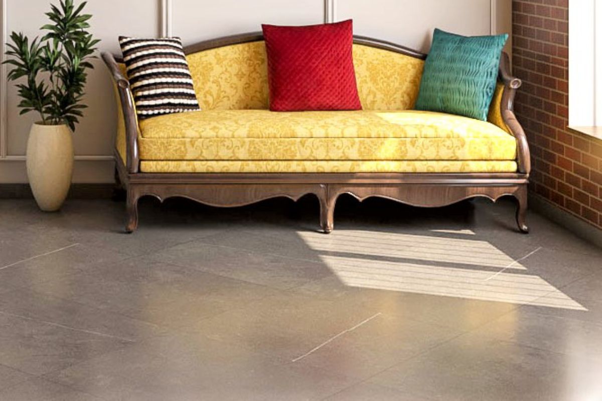 Matte Grey Living Room Floor And Wall Tiles Design