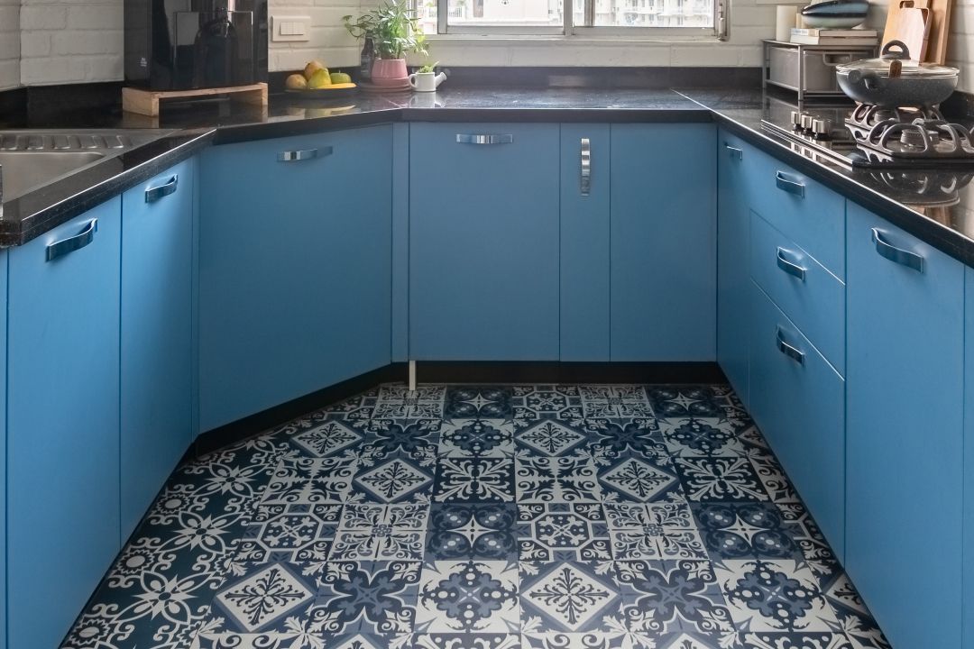 Glossy Floor Tiles Design In Shades Of Blue