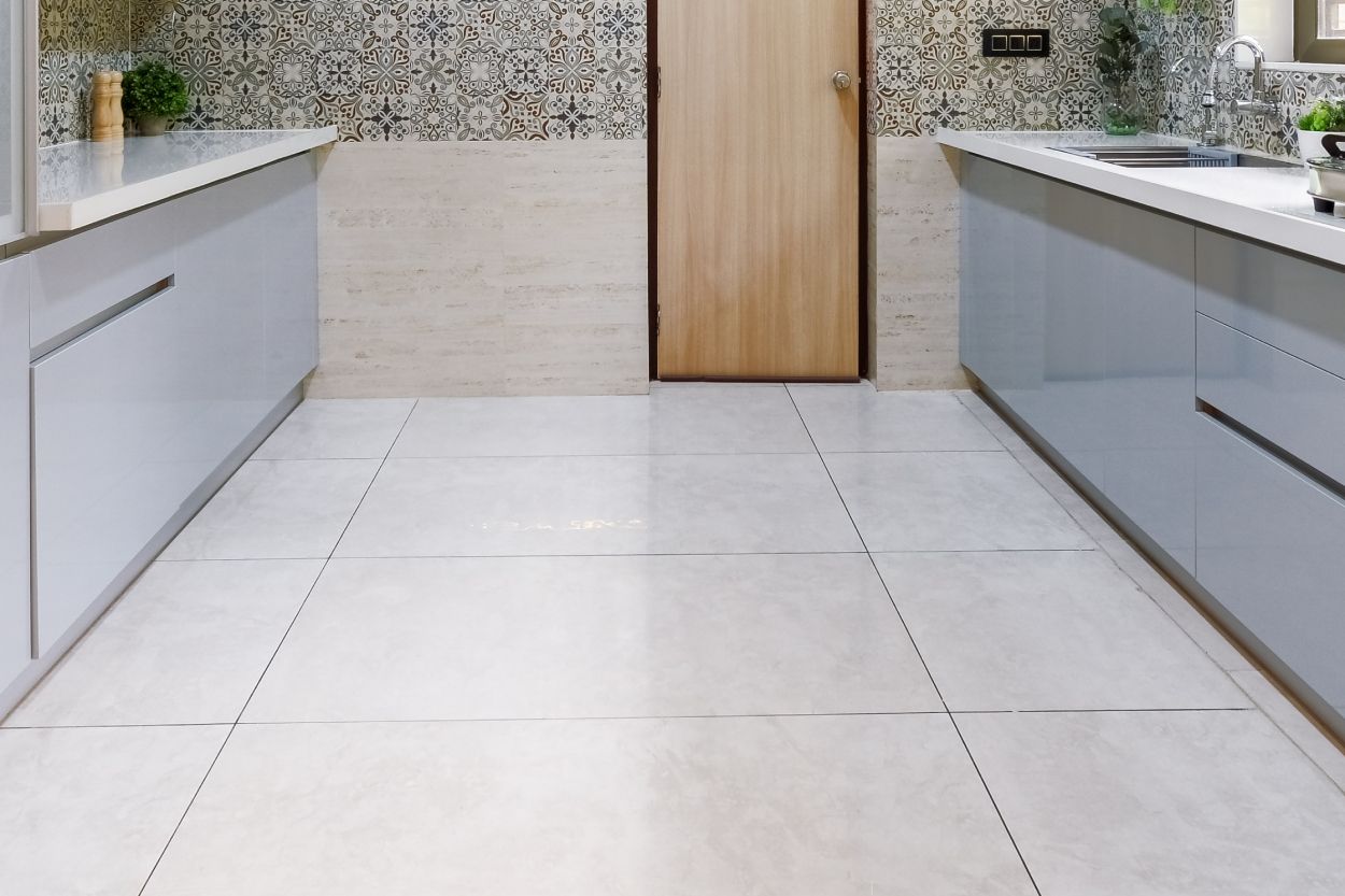 Light Beige Floor Tiles Design For Contemporary Kitchens