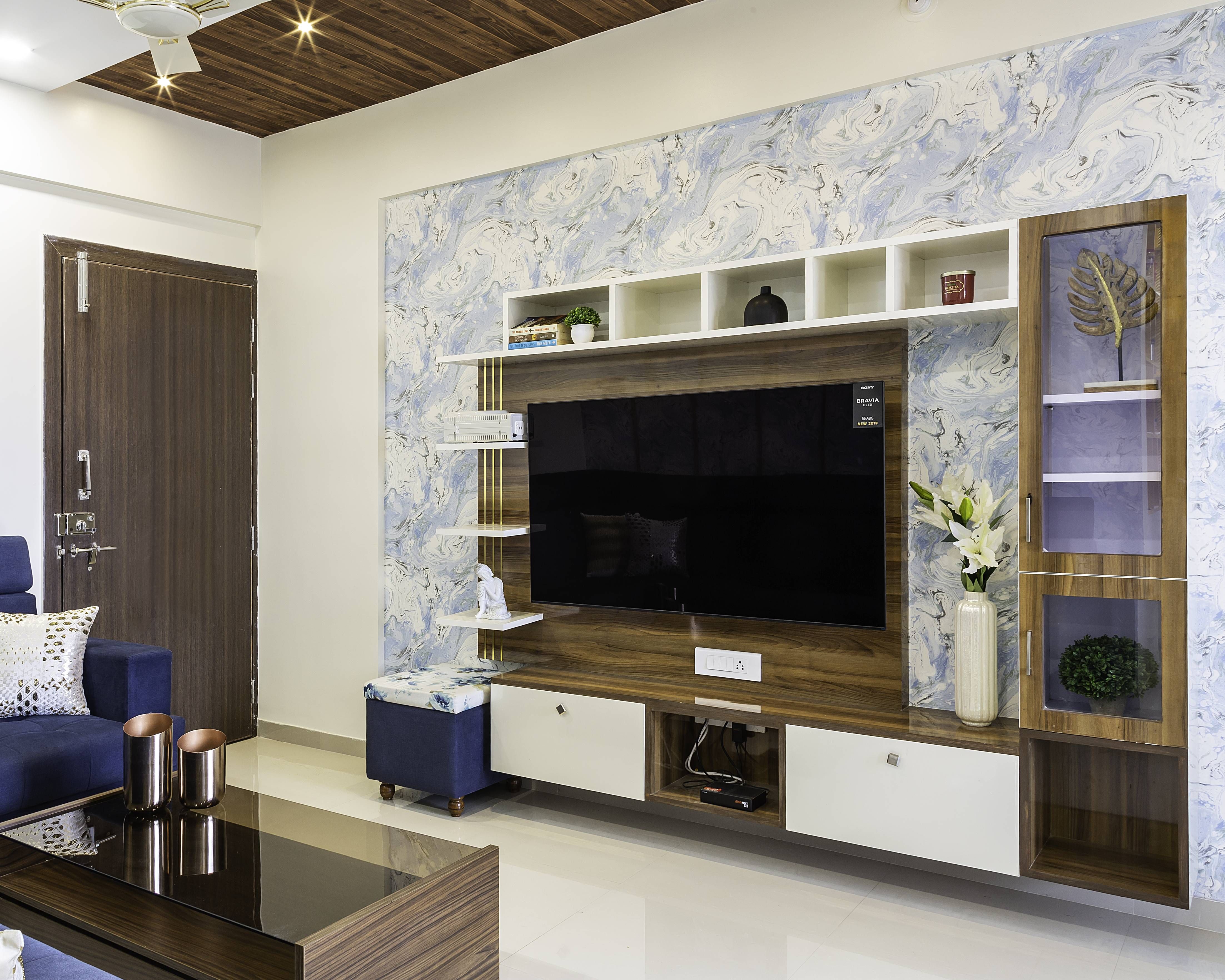 Modern White And Brown TV Unit Design For Hall