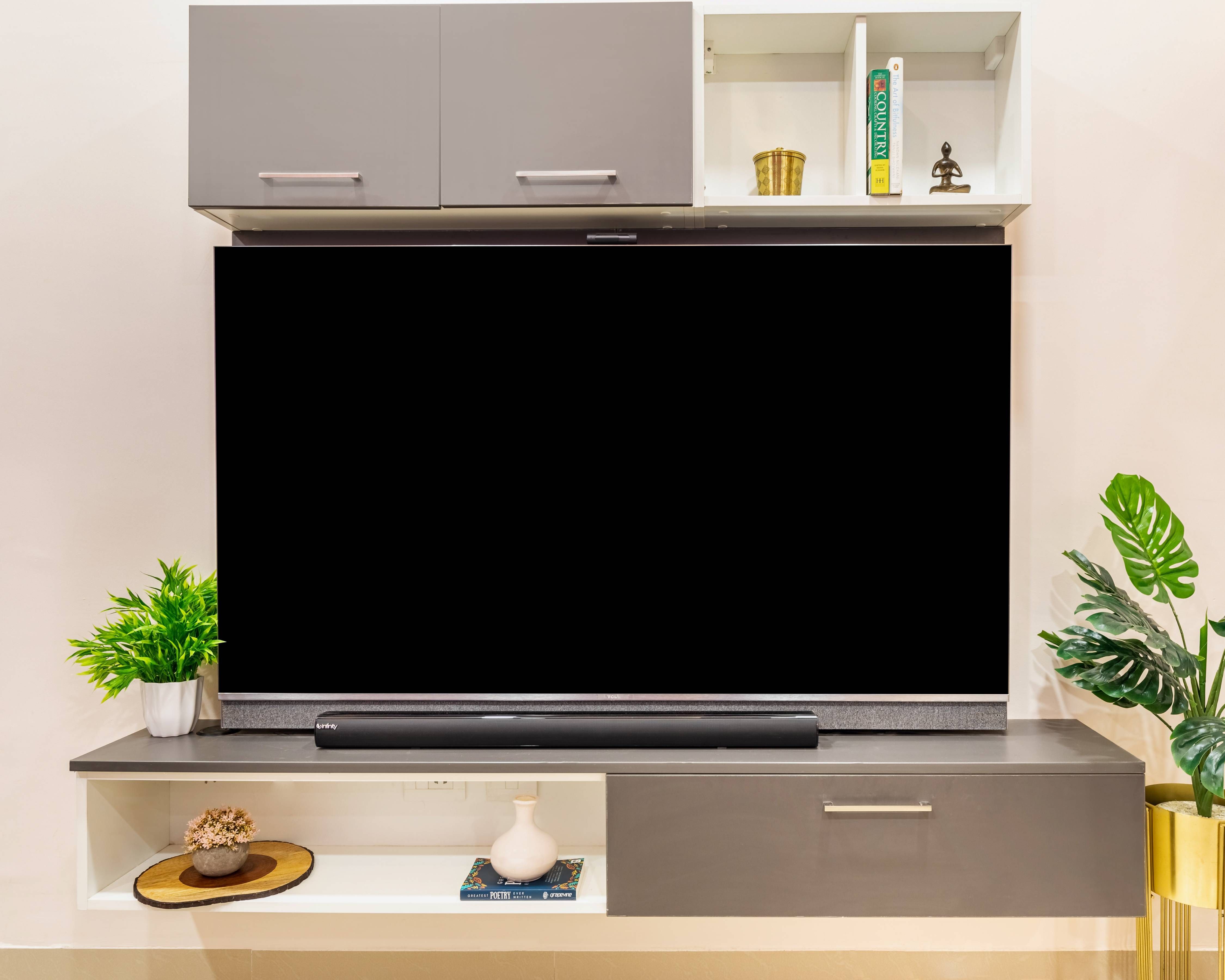 Modern Grey TV Unit Design With Open And Closed Storage Cabinets
