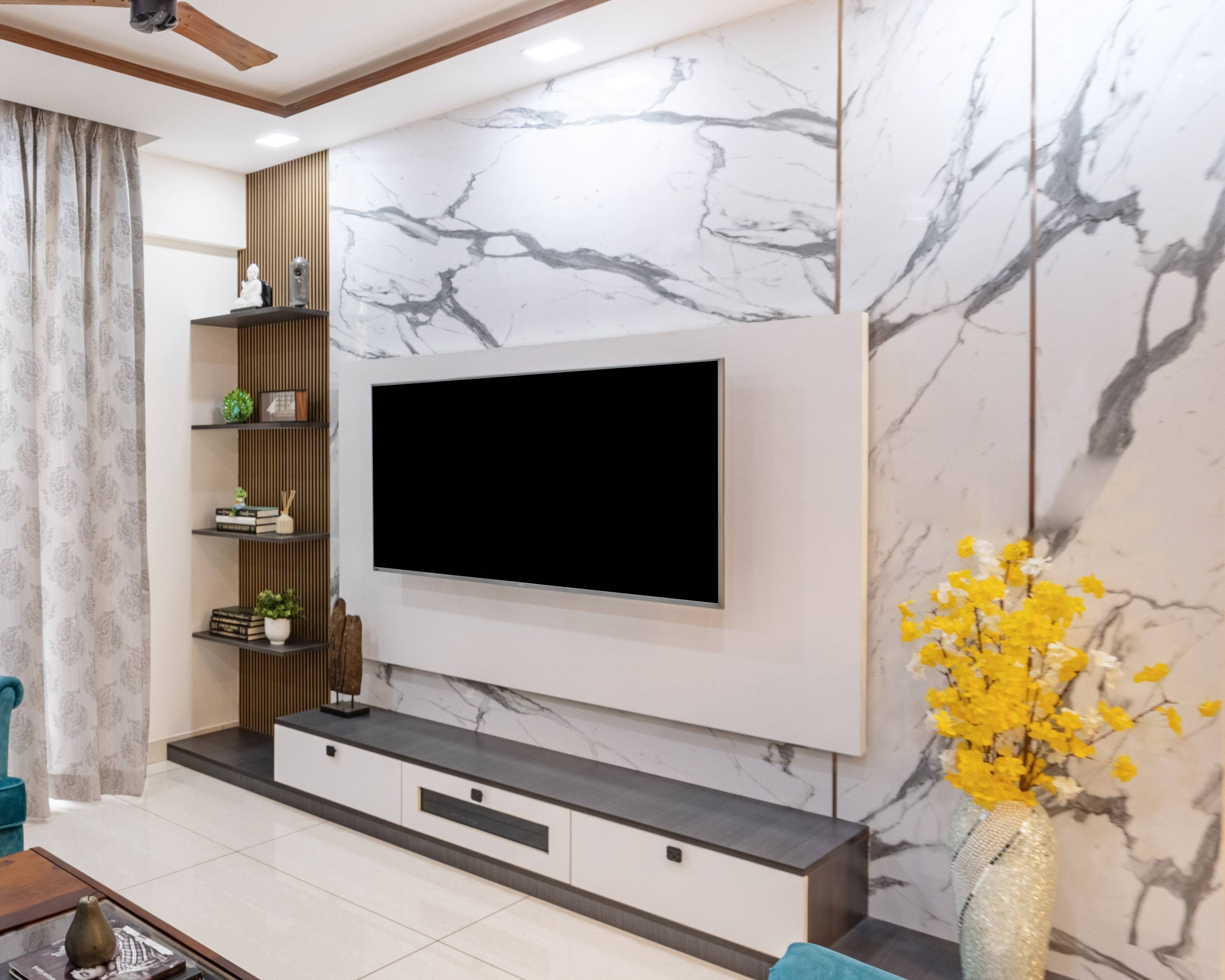 Modern White TV Unit Design With Open Shelves